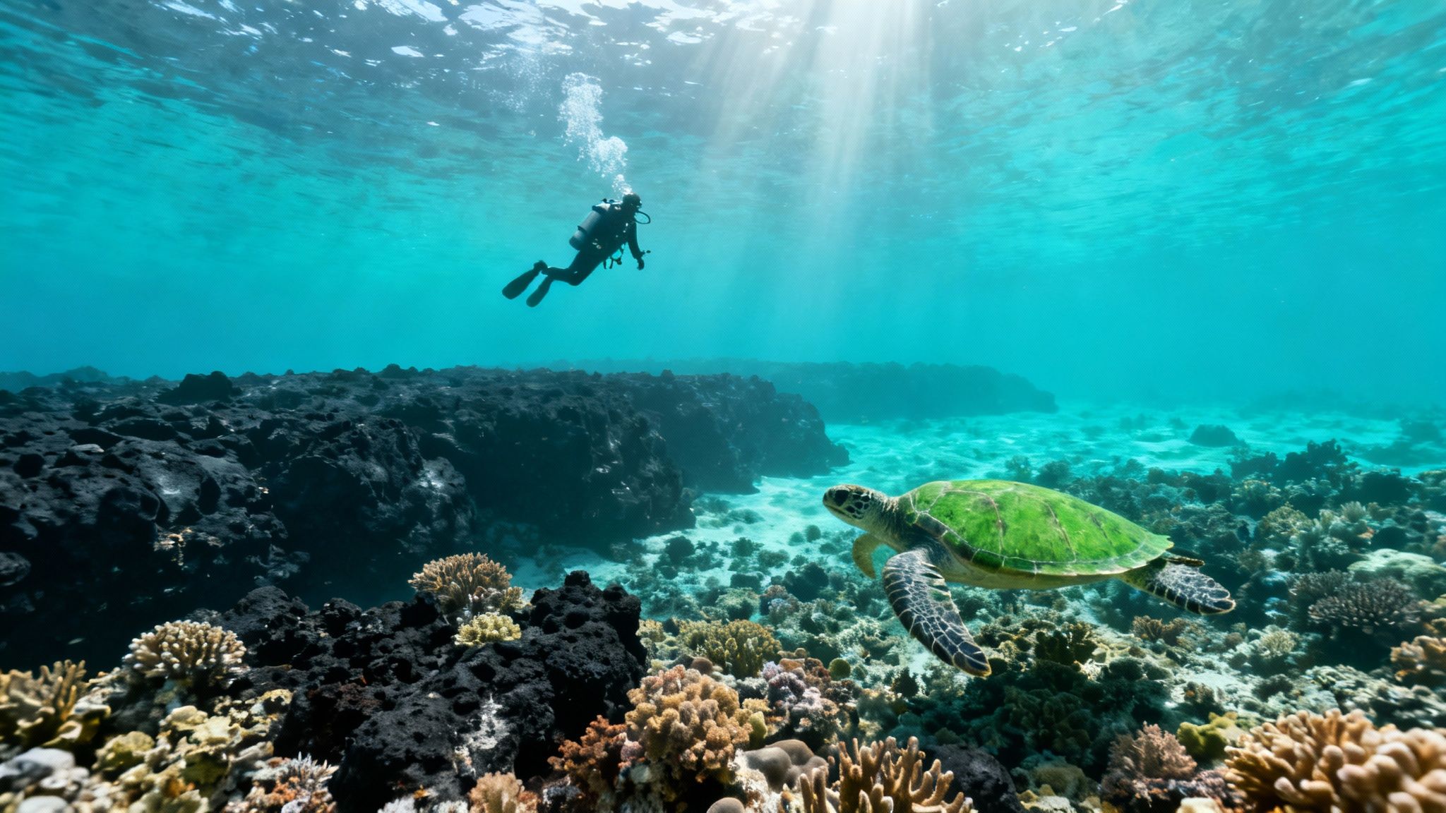 An underwater scene featuring a scuba diver, a green sea turtle, corals, and lava rocks.