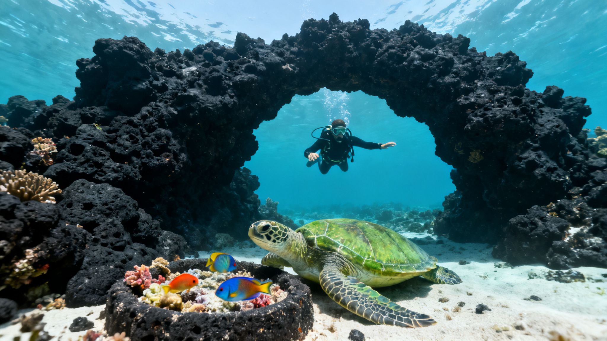 Scuba diver swimming through a natural rock arch with a green sea turtle and fish.