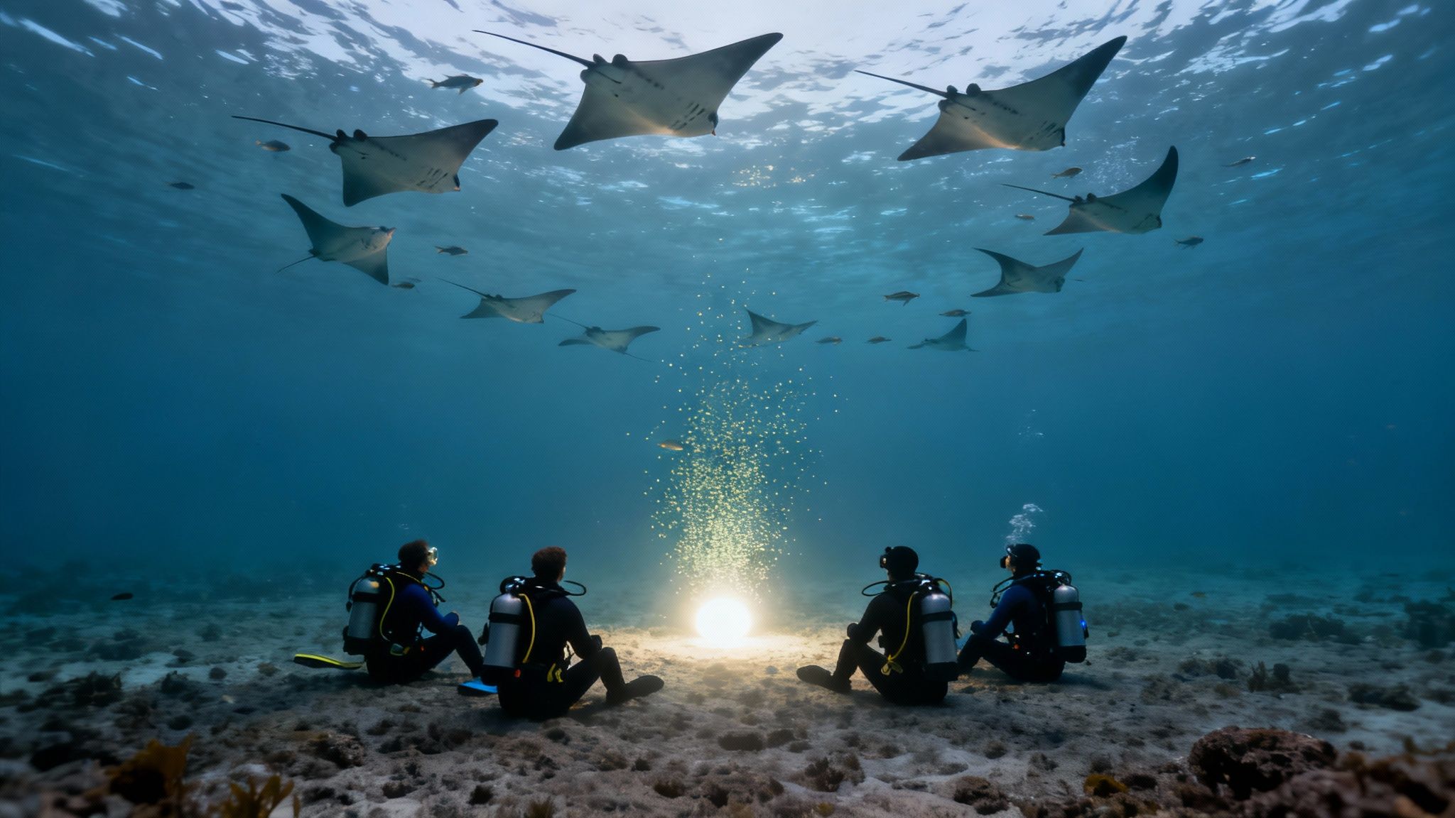 Snorkelers holding onto a light board, watching manta rays feed from the surface in Kailua Kona.