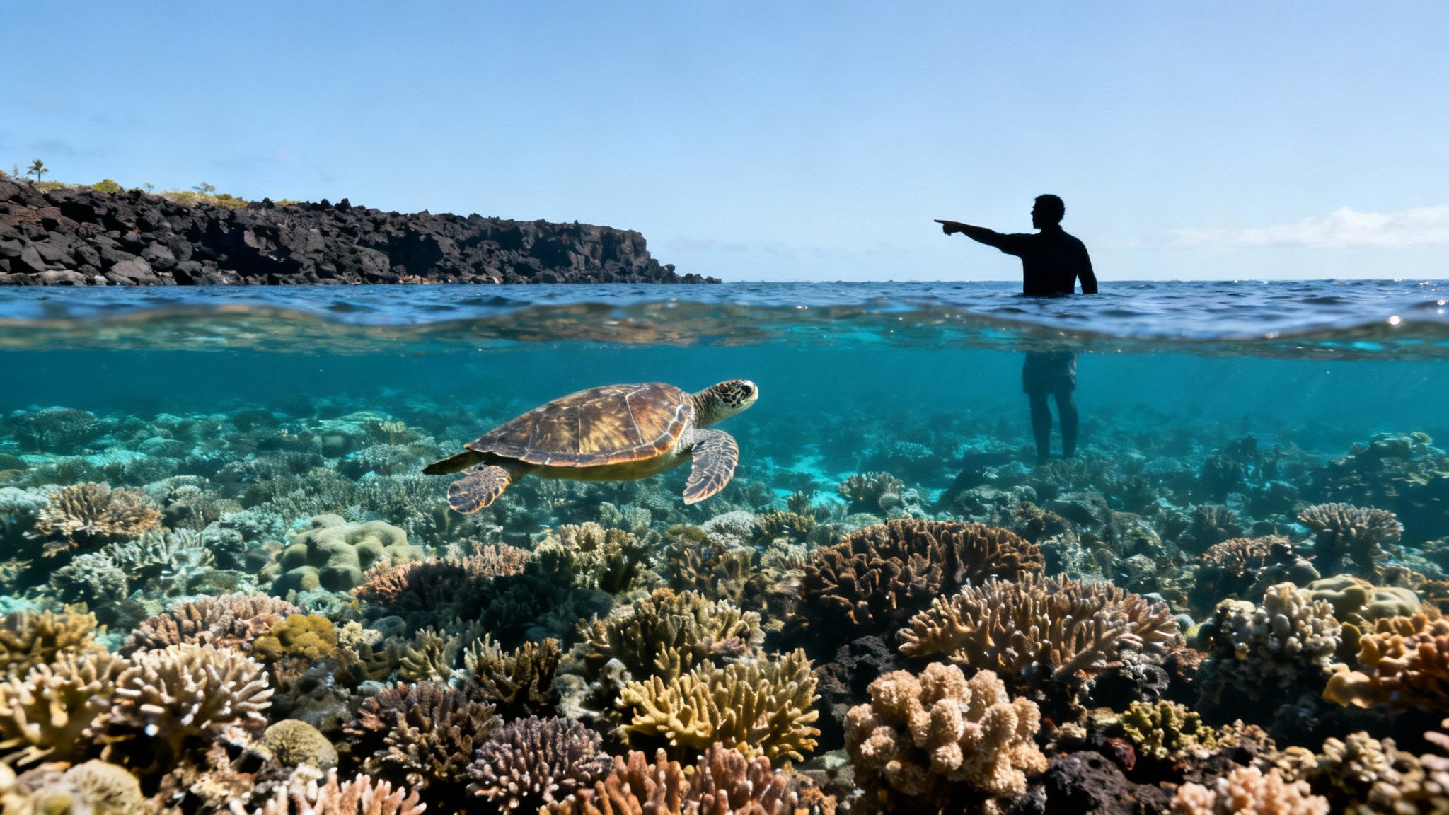 A school of yellow tang fish swims over a vibrant coral reef in clear blue Hawaiian water.