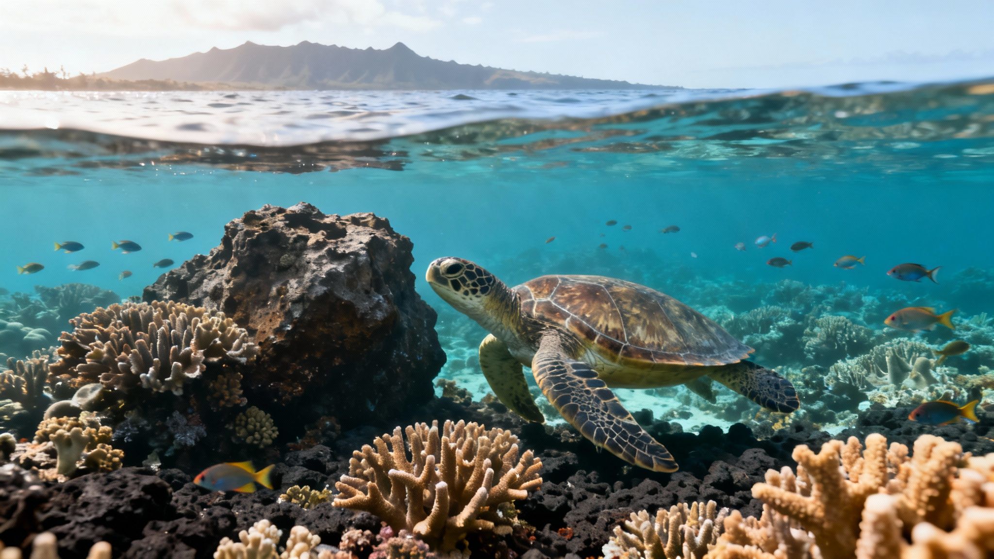 A vibrant split-level view of a green sea turtle swimming over colorful coral reefs with fish, and mountains above water.