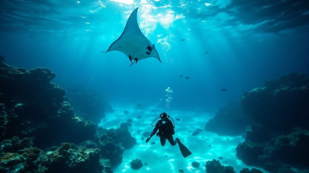 A massive manta ray swims gracefully over a group of scuba divers at night.