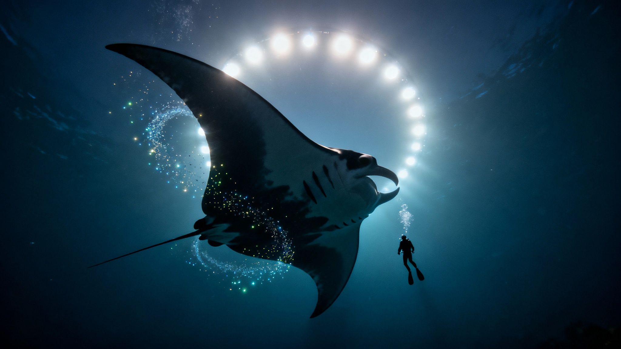 Manta ray and diver illuminated by underwater lights, surrounded by magical sparkling trails.