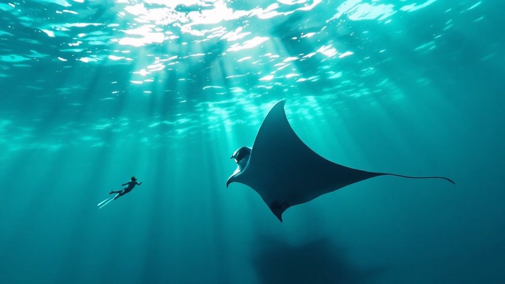 A scuba diver on the ocean floor looks up as a giant manta ray glides gracefully overhead, illuminated by dive lights.