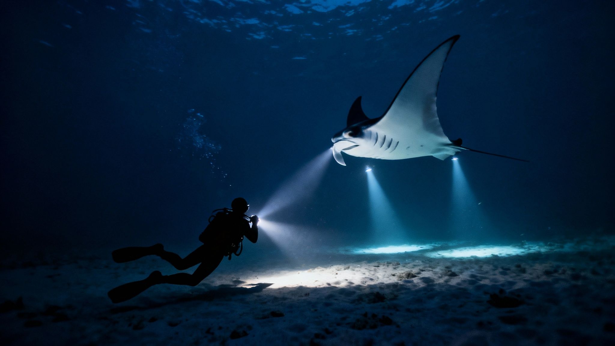 A diver kneels on the sandy ocean floor as a massive manta ray glides gracefully just above them, illuminated by dive lights.