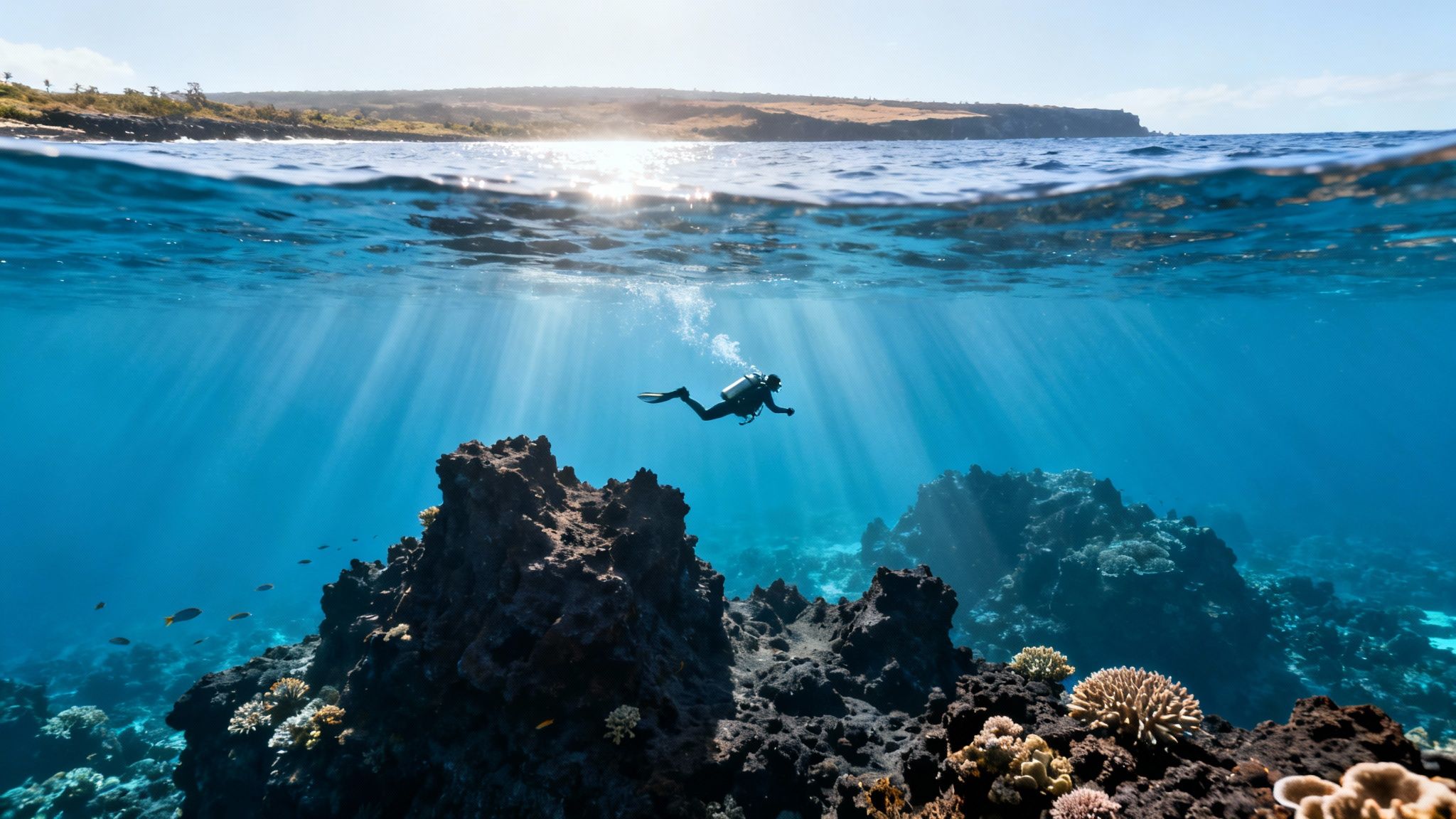 A split image shows a scuba diver exploring vibrant coral reefs with sun rays below a sunny tropical island.
