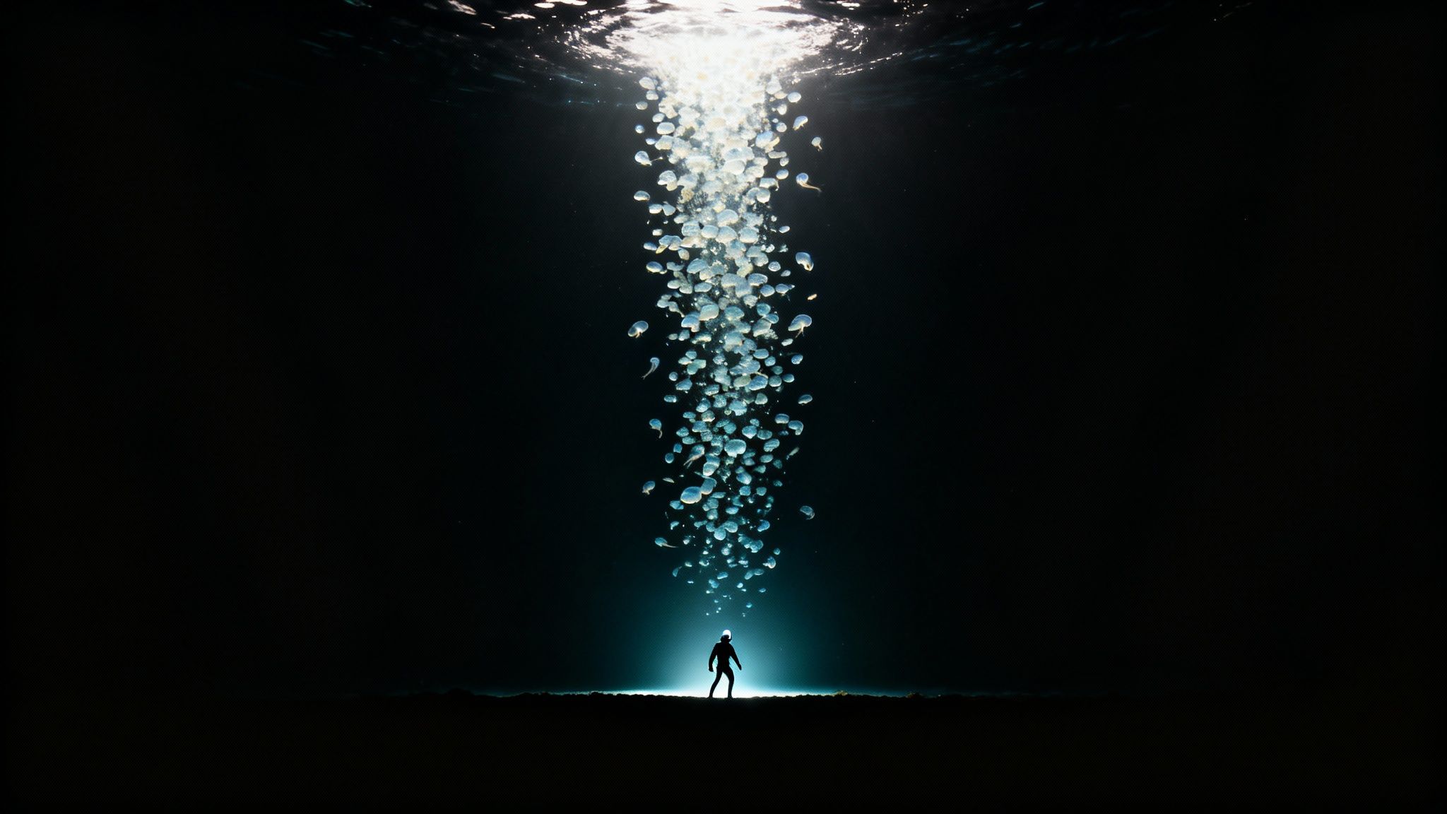 A diver stands in dark water, illuminated by a column of glowing jellyfish and light from the surface.