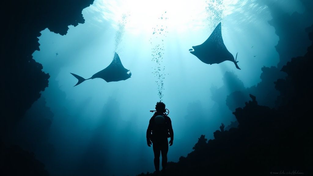 A diver observes a majestic manta ray gliding through the water during a manta dive kona.