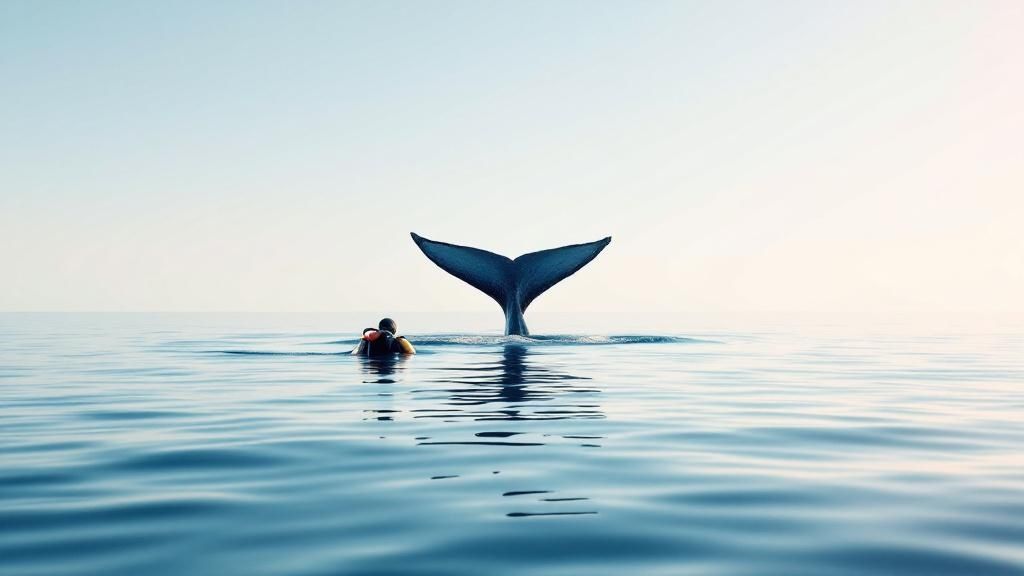 A group of tourists on a whale watching boat marvel at a humpback whale breaching nearby in Hawaiian waters.