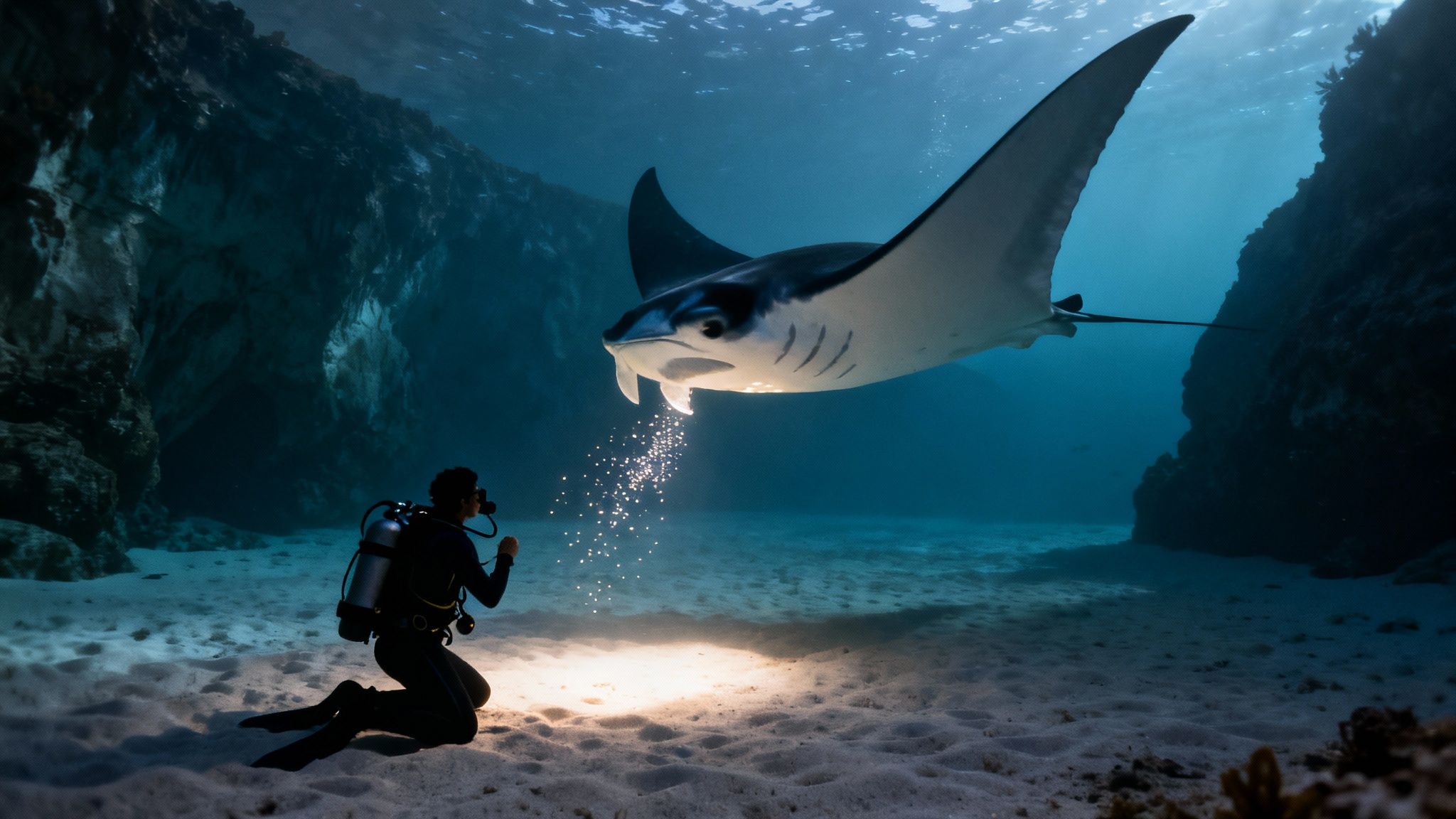 A scuba diver kneels on the ocean floor, illuminating a manta ray with a spotlight.