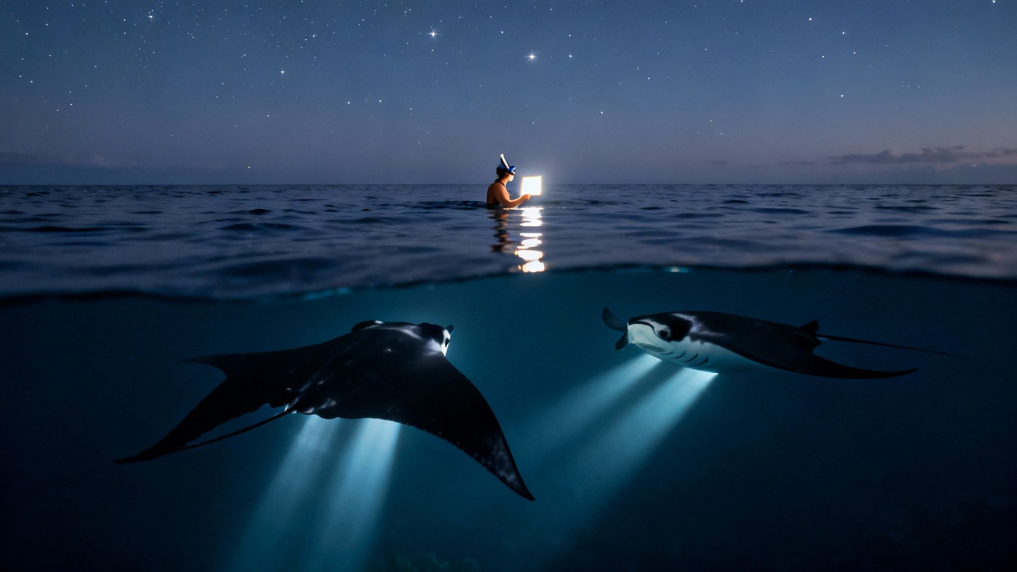 A diver with a glowing device attracts two manta rays in dark ocean waters under a starry night sky.