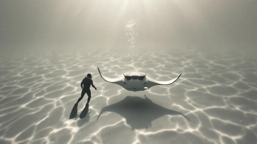 A massive manta ray glides through the dark Kona water, illuminated from below by diver lights.
