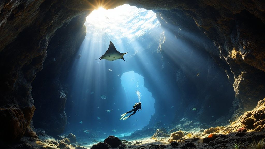 Sunlight streams into an underwater cavern at Cathedrals dive site near Lanai, Hawaii