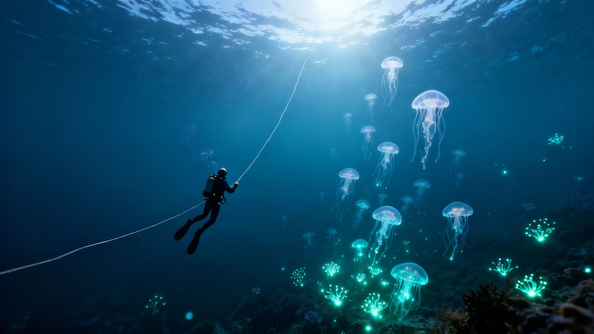 A scuba diver explores deep blue waters, surrounded by luminous jellyfish and glowing coral formations, with sun rays from above.