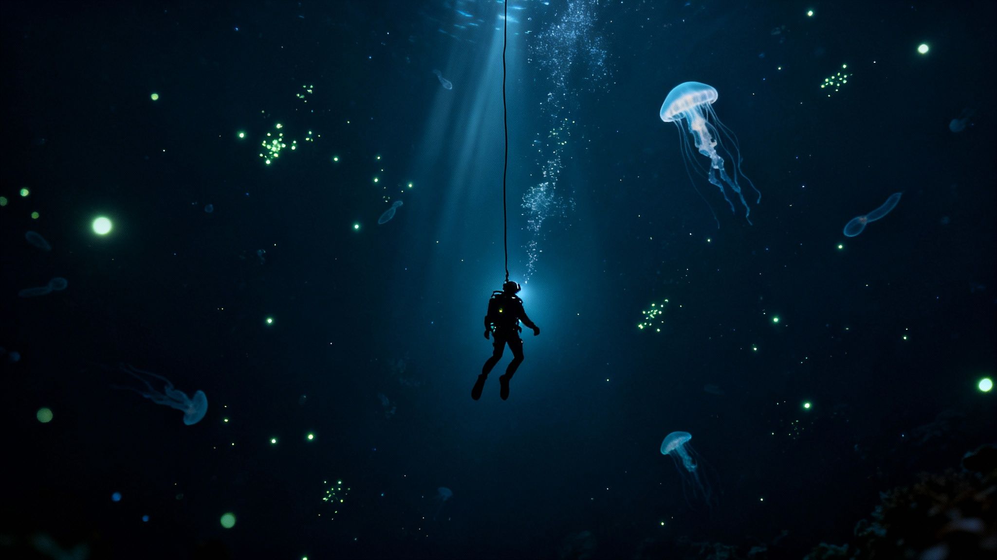 A lone diver descends into the dark, bioluminescent deep ocean surrounded by jellyfish.