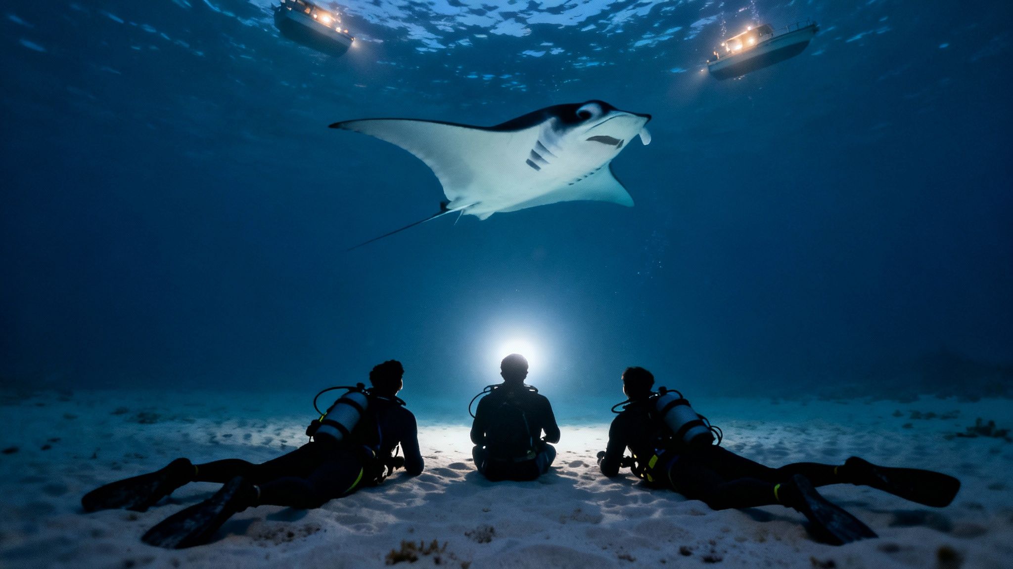 A scuba diver illuminates two giant manta rays swimming overhead at night in Kona, Hawaii.