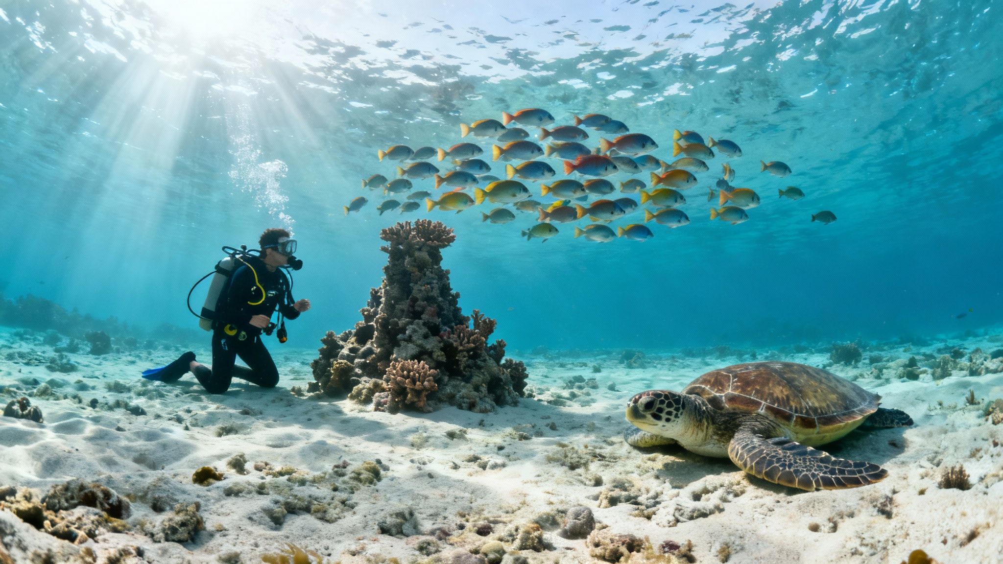 A scuba diver kneels on a sandy seabed, observing a school of fish and a a green sea turtle.