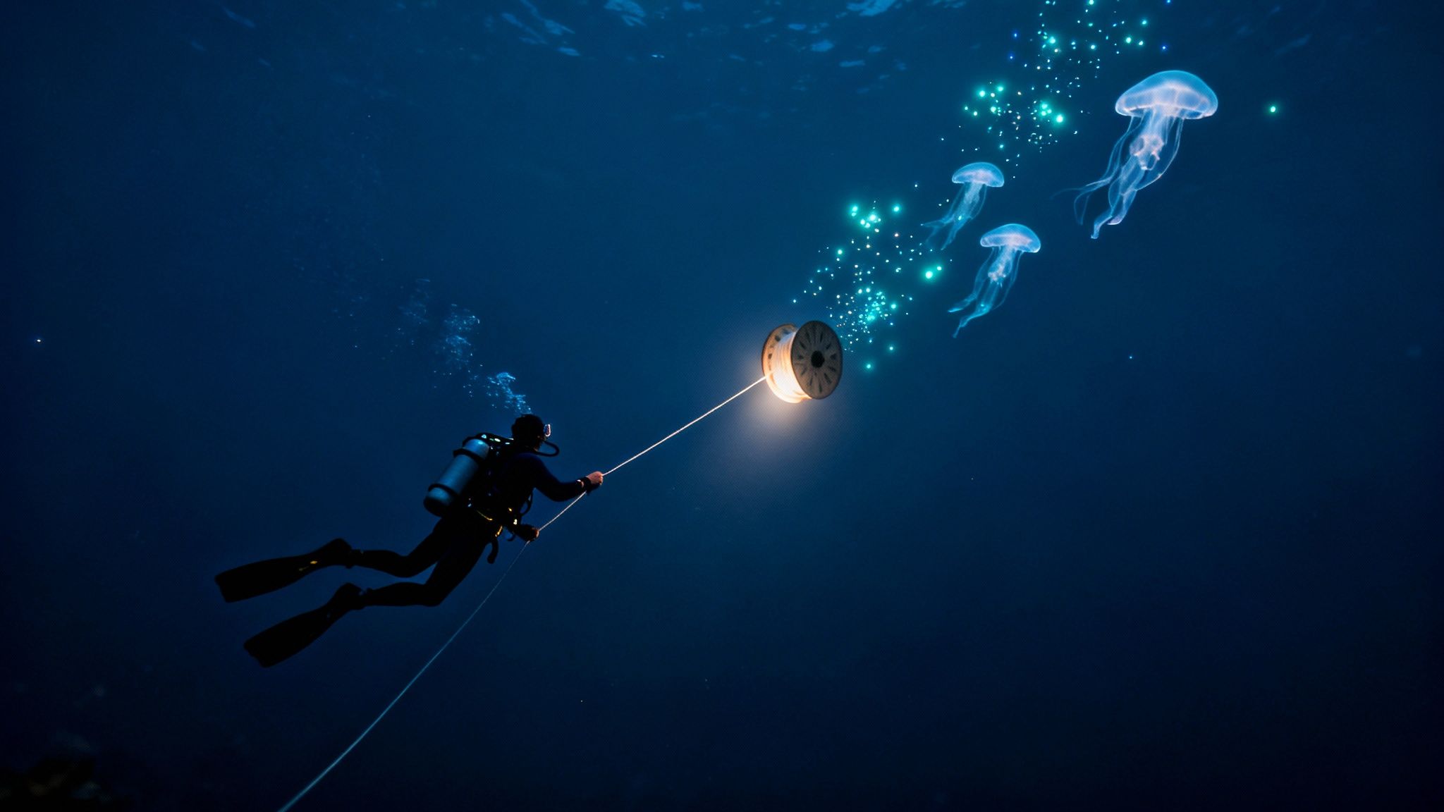 Scuba diver illuminates the deep sea, attracting three glowing jellyfish with a luminous spool.
