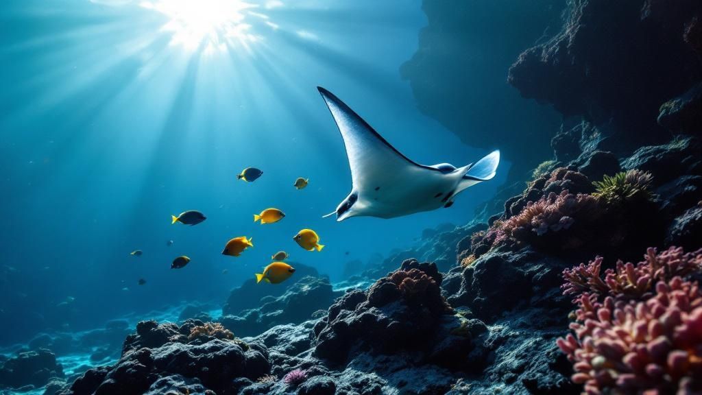 A giant manta ray gracefully swims over a group of scuba divers at night on the Big Island of Hawaii.