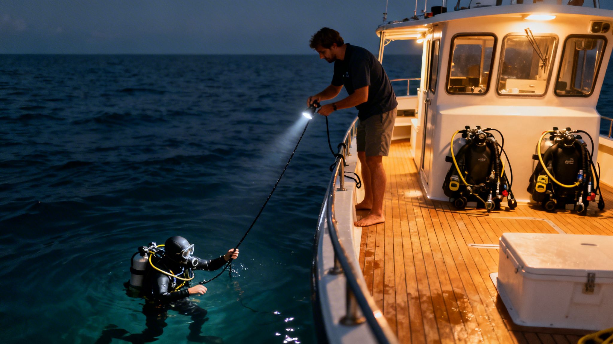 A diver in scuba gear is in dark water, illuminated by a flashlight from a boat at night.