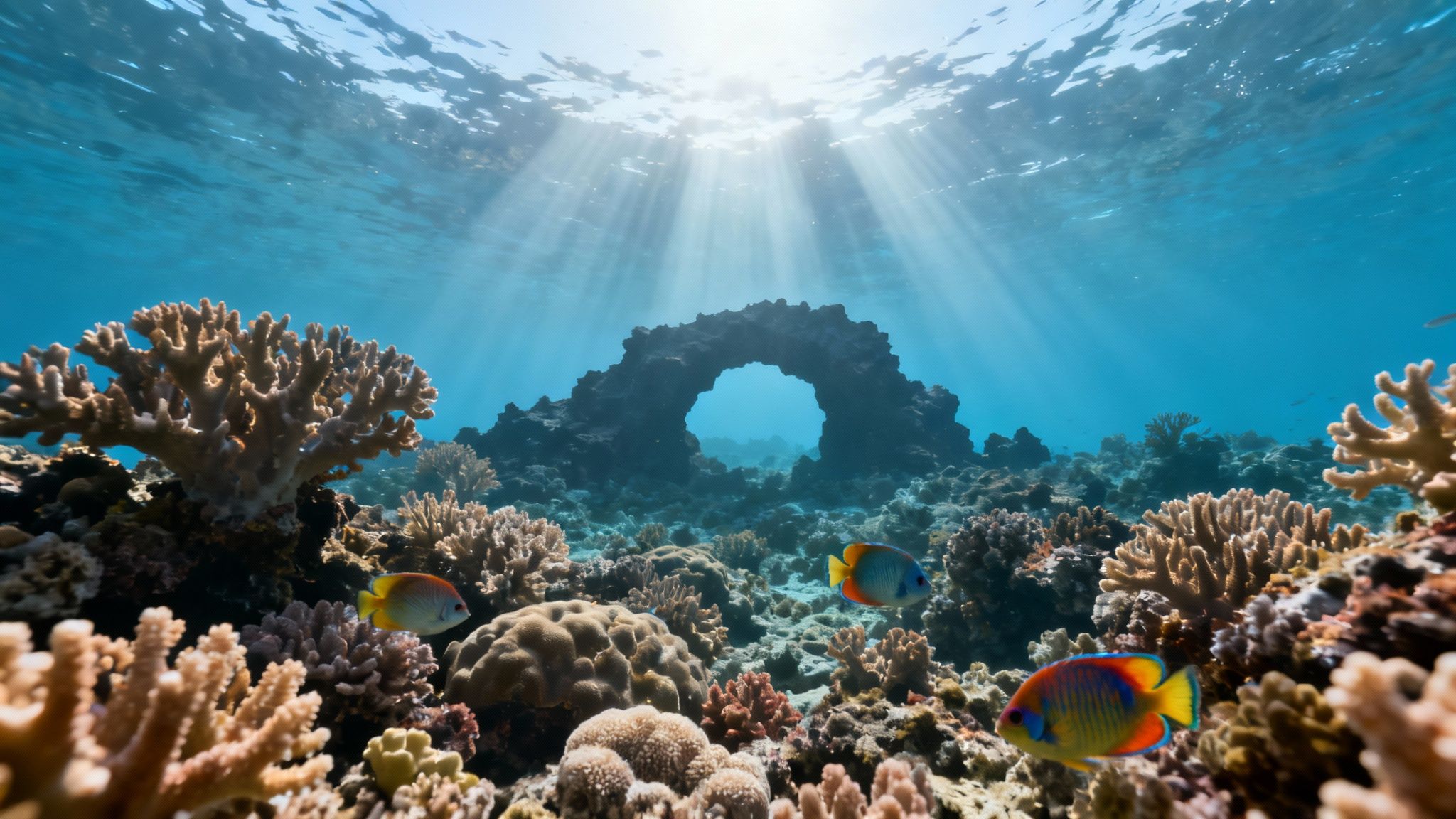 Vibrant coral reef with colorful tropical fish and sun rays streaming through clear blue water