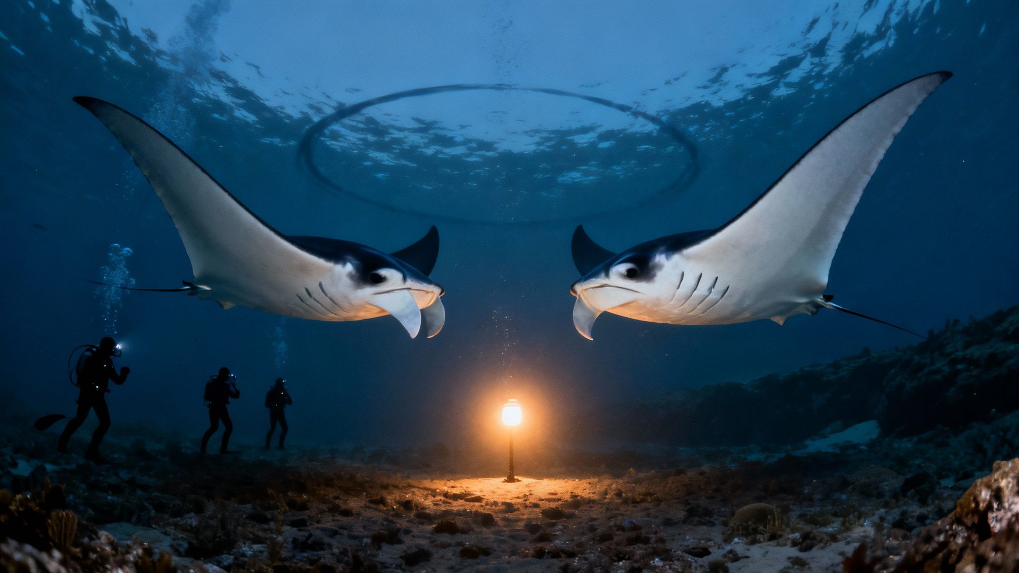 Two majestic manta rays swim towards an underwater light with three divers and a bubble ring.