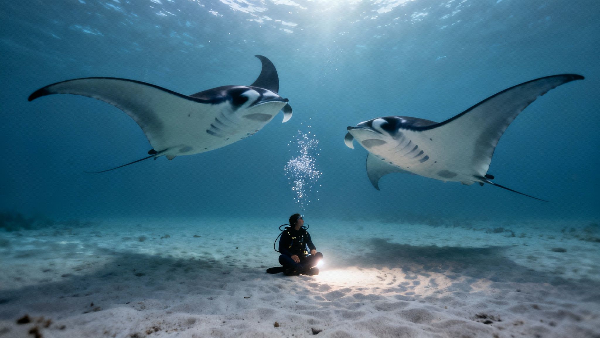 A large manta ray glides gracefully over scuba divers during a night dive in Kona, Hawaii.