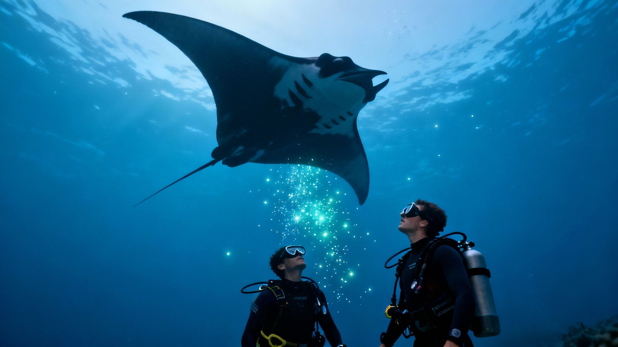A giant manta ray swims gracefully at night, illuminated by dive lights, with its mouth open to filter feed.