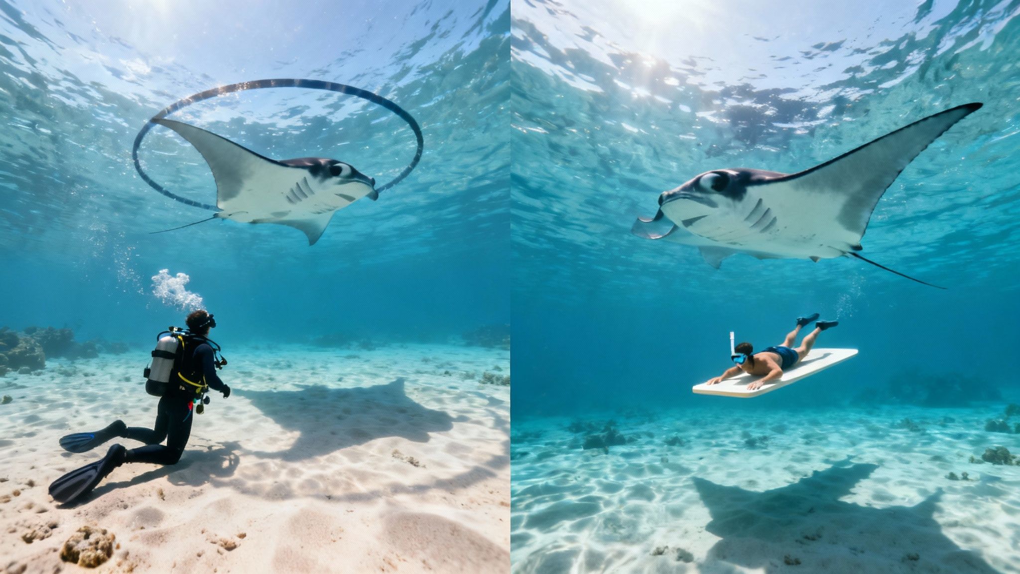 A group of snorkelers holding onto a light board at night, watching manta rays below