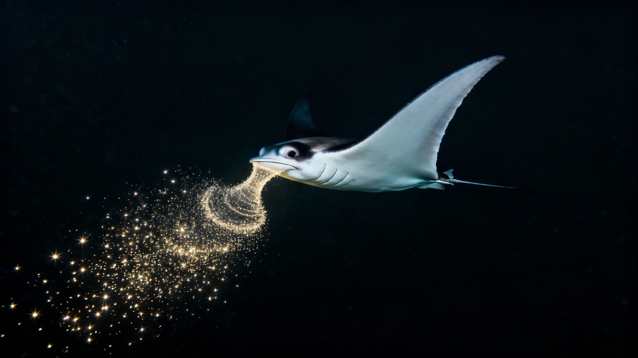 A manta ray glides gracefully over the illuminated ocean floor during a night dive in Kona, Hawaii.