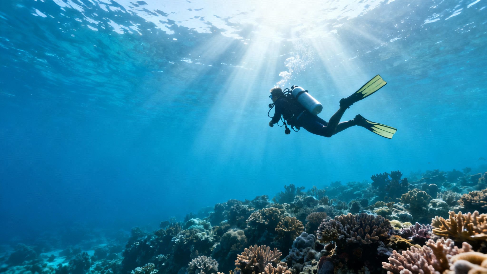 A certified scuba diver exploring a coral reef in Kona, Hawaii.