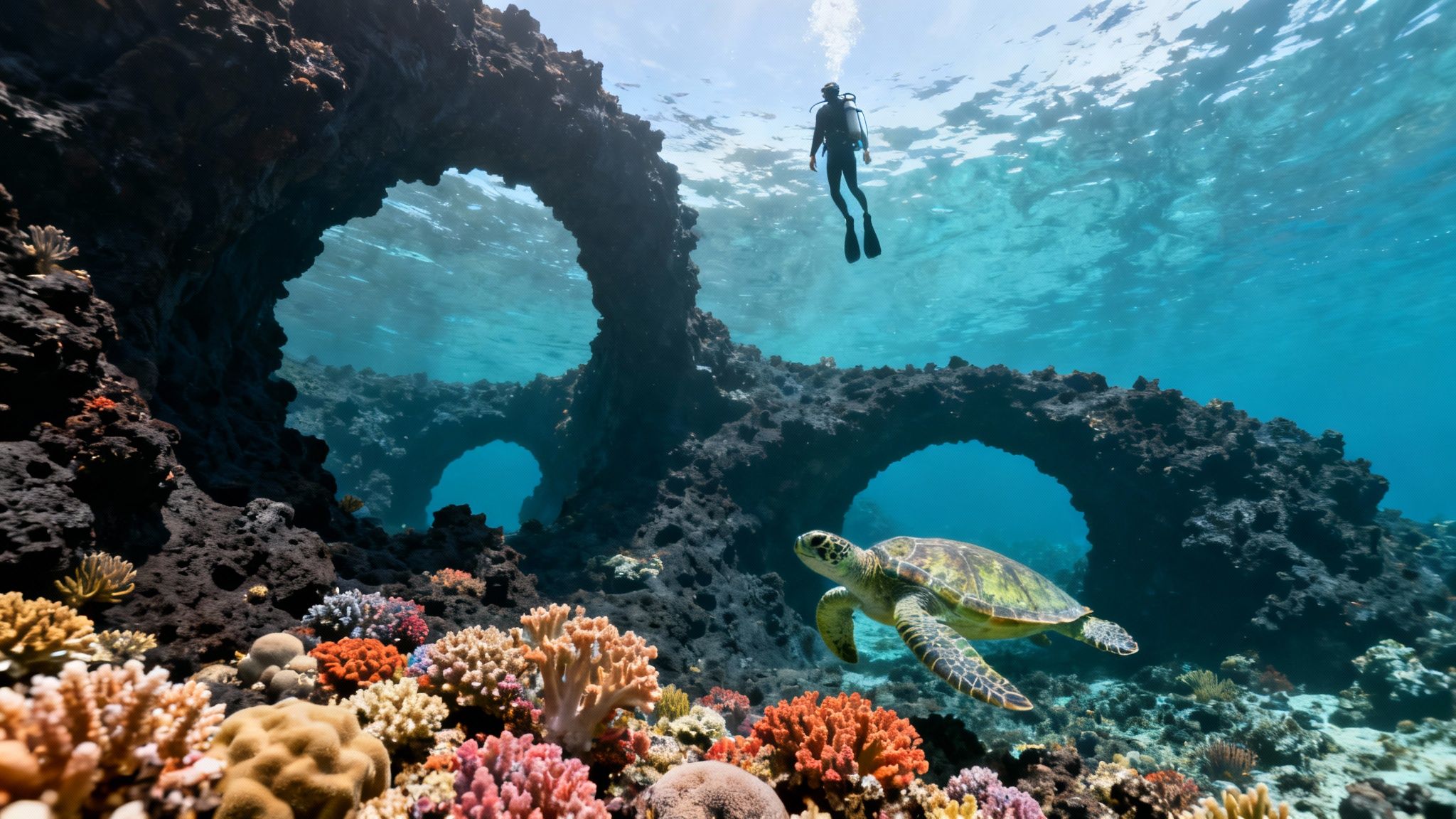 A scuba diver swims over vibrant coral reefs, a sea turtle, and underwater rock arches.