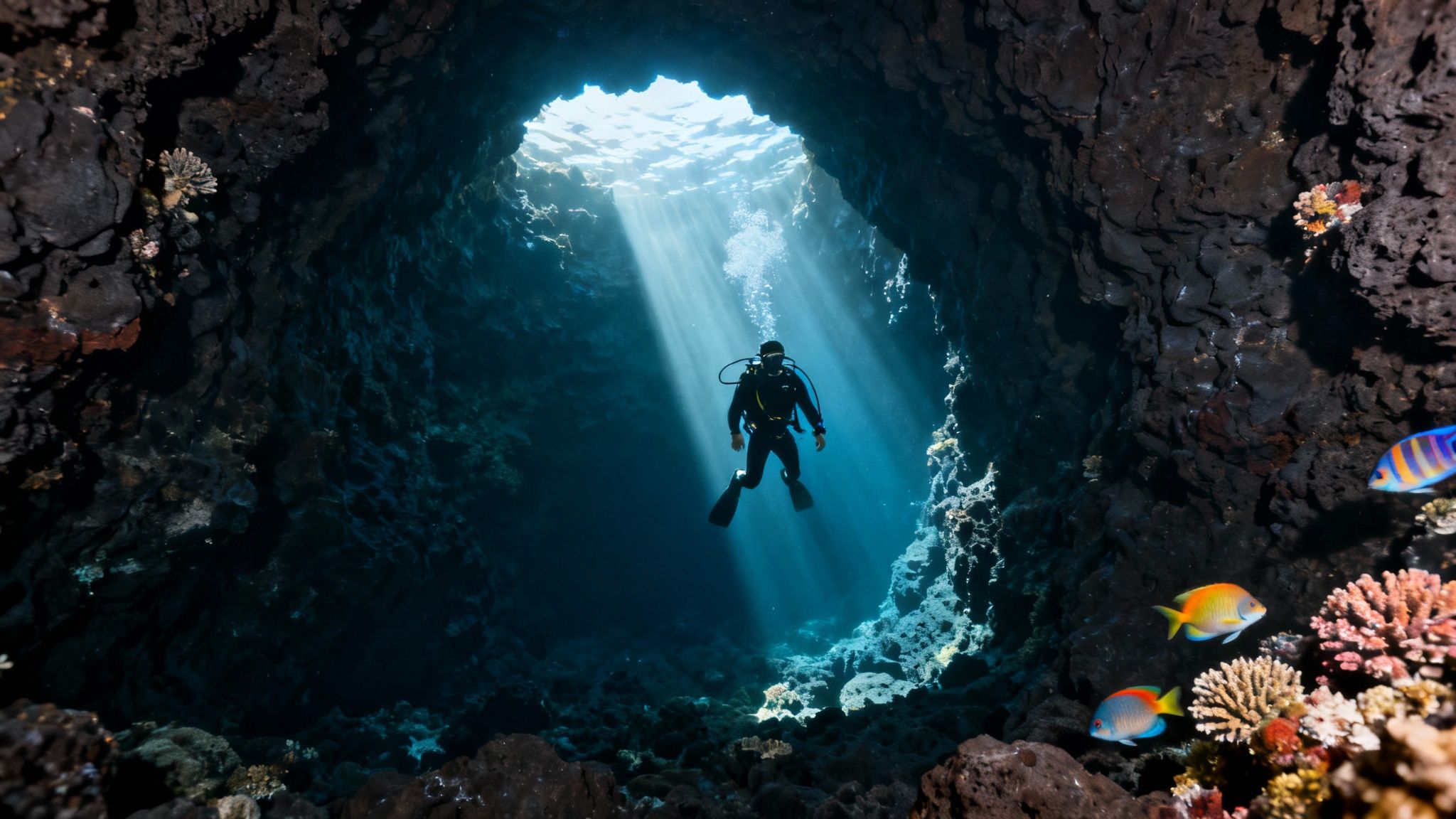 A scuba diver explores a vibrant underwater cave, with sunbeams piercing through the surface, illuminating corals and colorful fish.