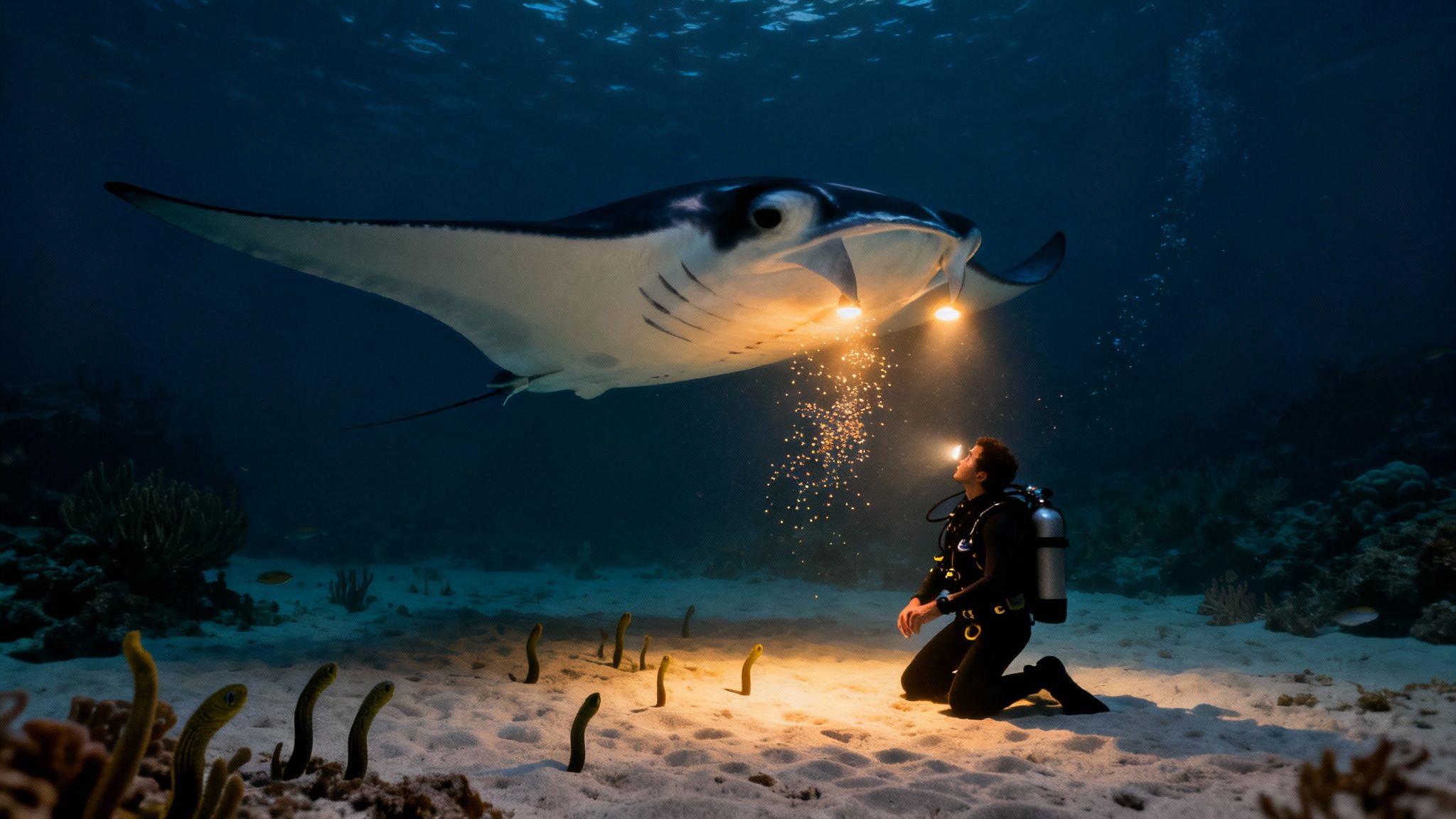 A diver illuminates a majestic manta ray feeding at night on the sandy ocean floor.