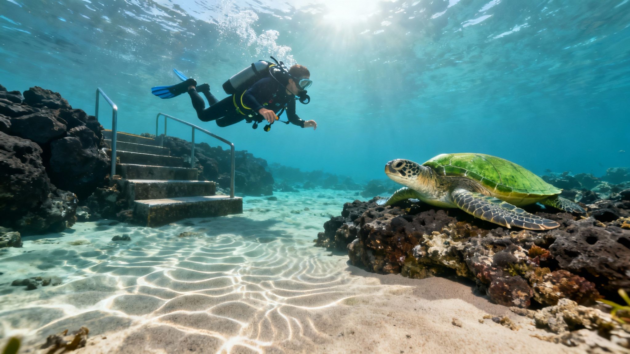 A scuba diver explores clear blue waters, observing a green sea turtle near underwater stairs and coral.