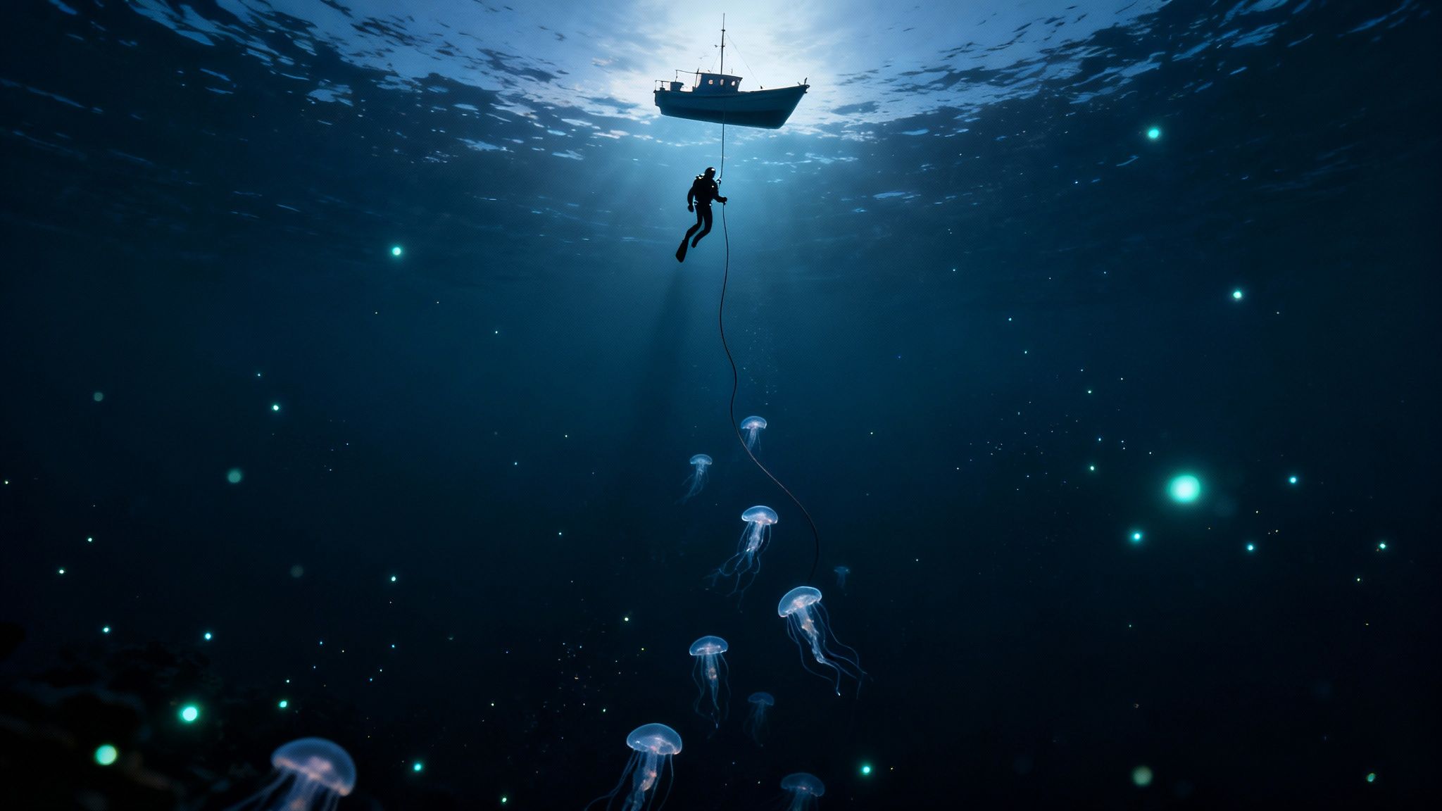 Underwater view of a diver on a rope descending from a boat, surrounded by bioluminescent jellyfish.