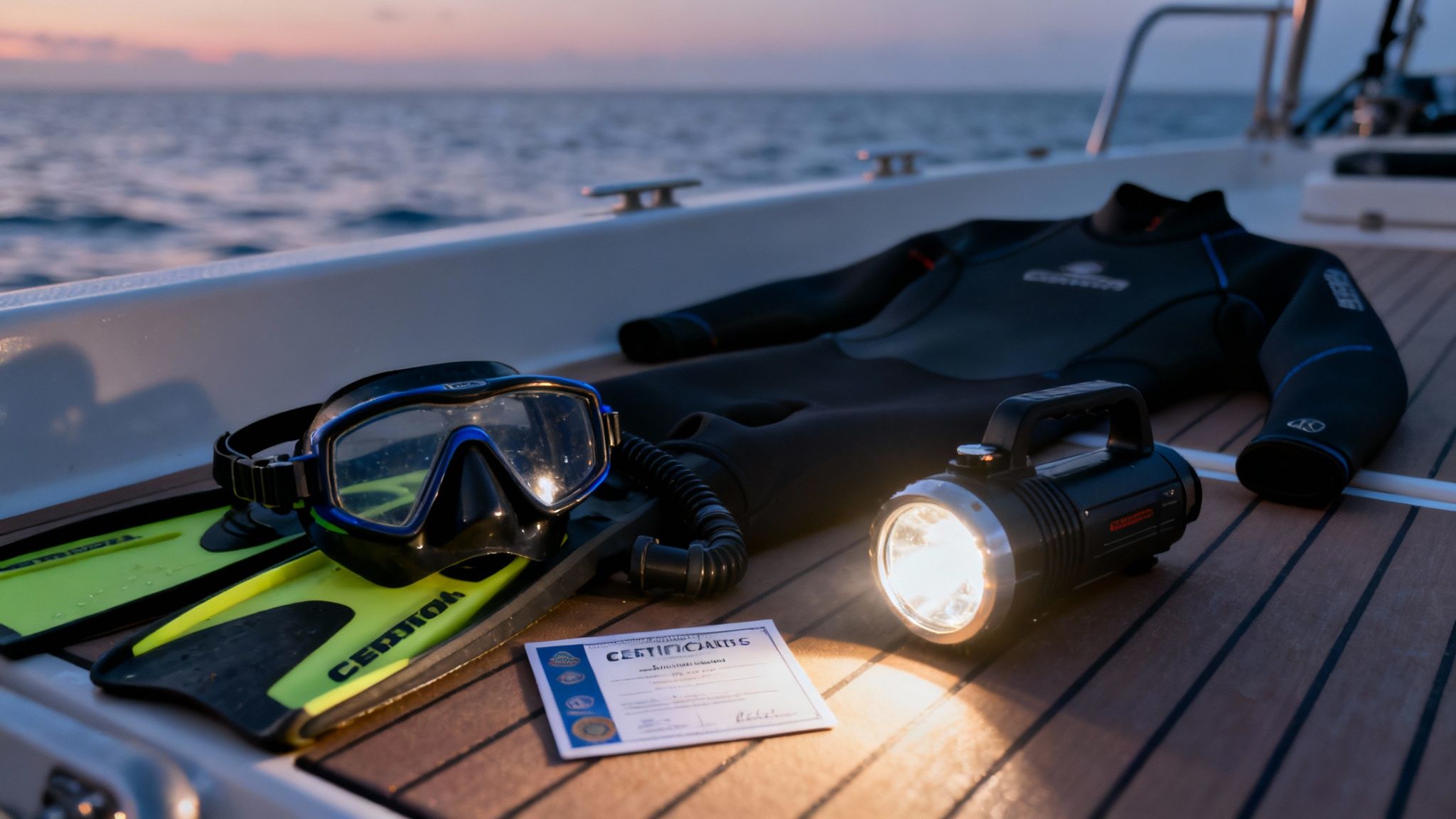 A group of scuba divers underwater at night, using flashlights to look at a coral reef.