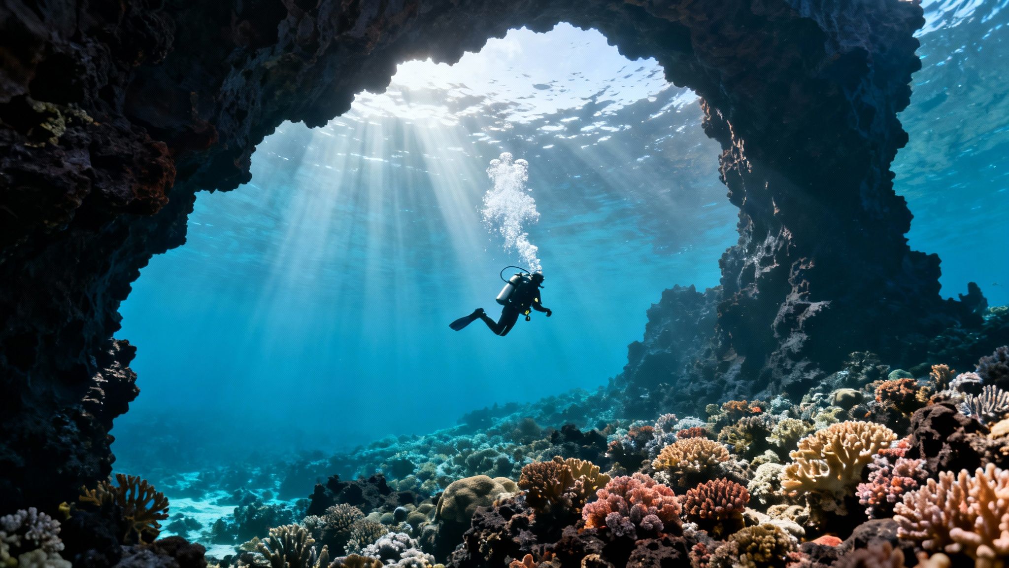 Scuba diver swimming through sunlit blue water in a vibrant coral reef cave.