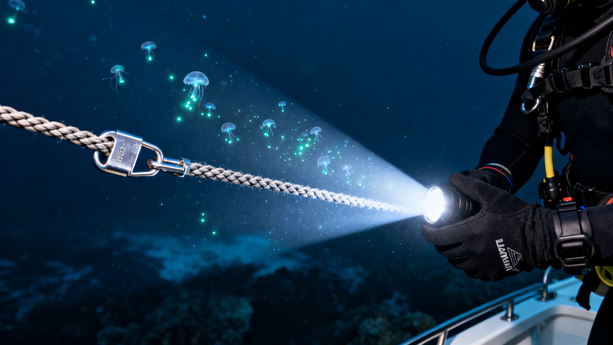 A diver's flashlight illuminates glowing jellyfish and a secured rope underwater during a blackwater dive.