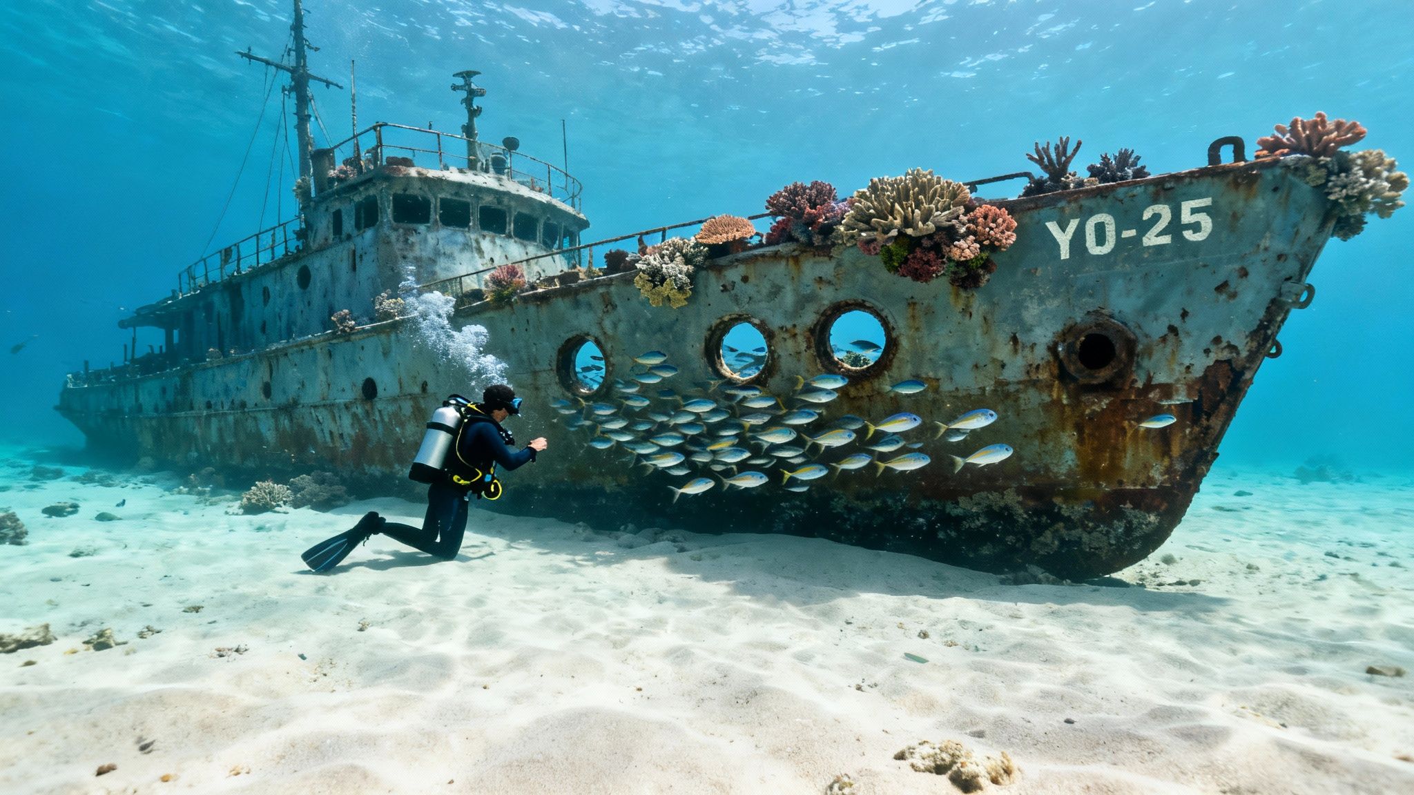 A large shipwreck on the ocean floor, now an artificial reef, with scuba divers exploring it.