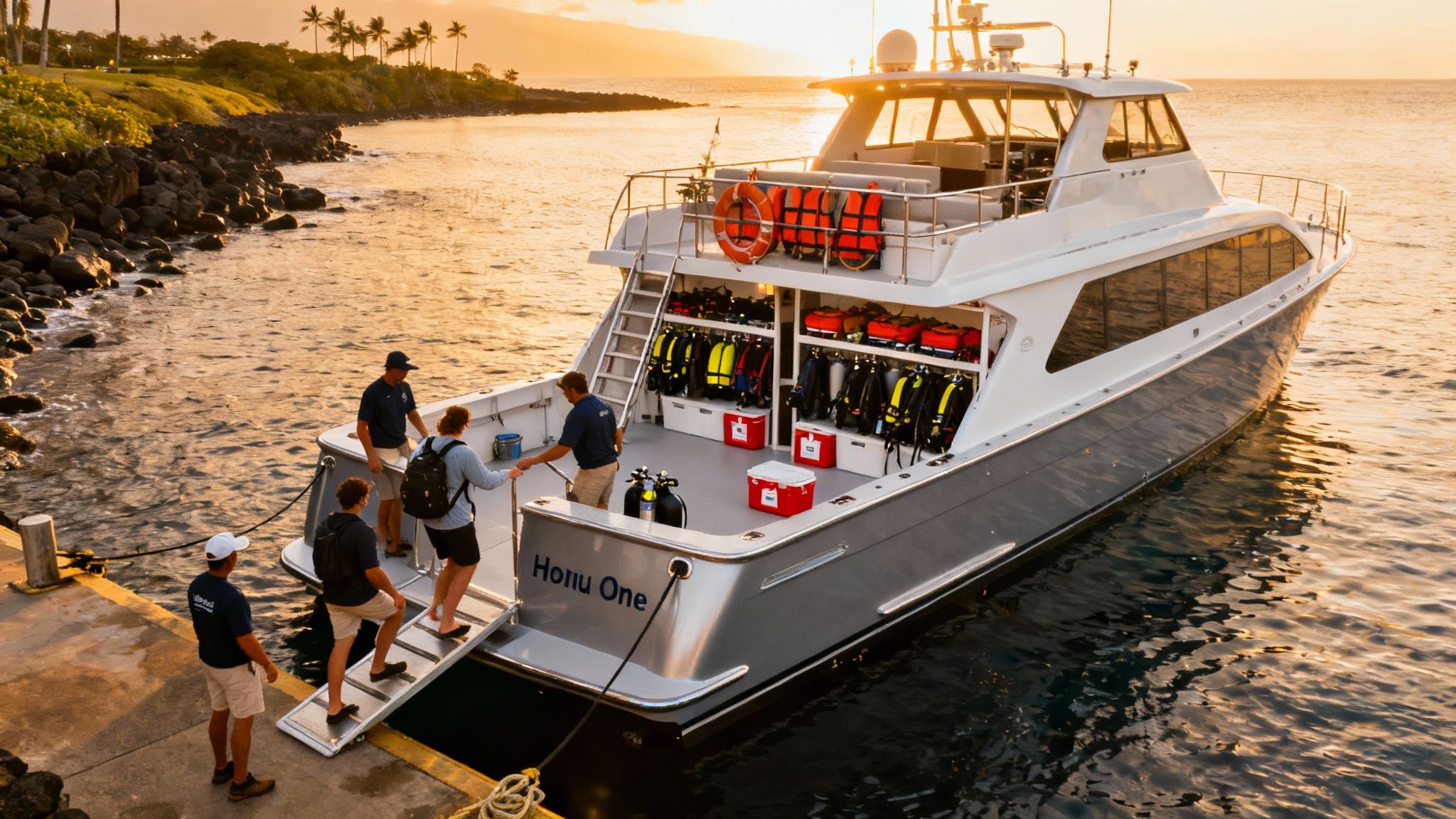 A large diving boat named 'Honu One' docked at sunset, with crew assisting passengers.
