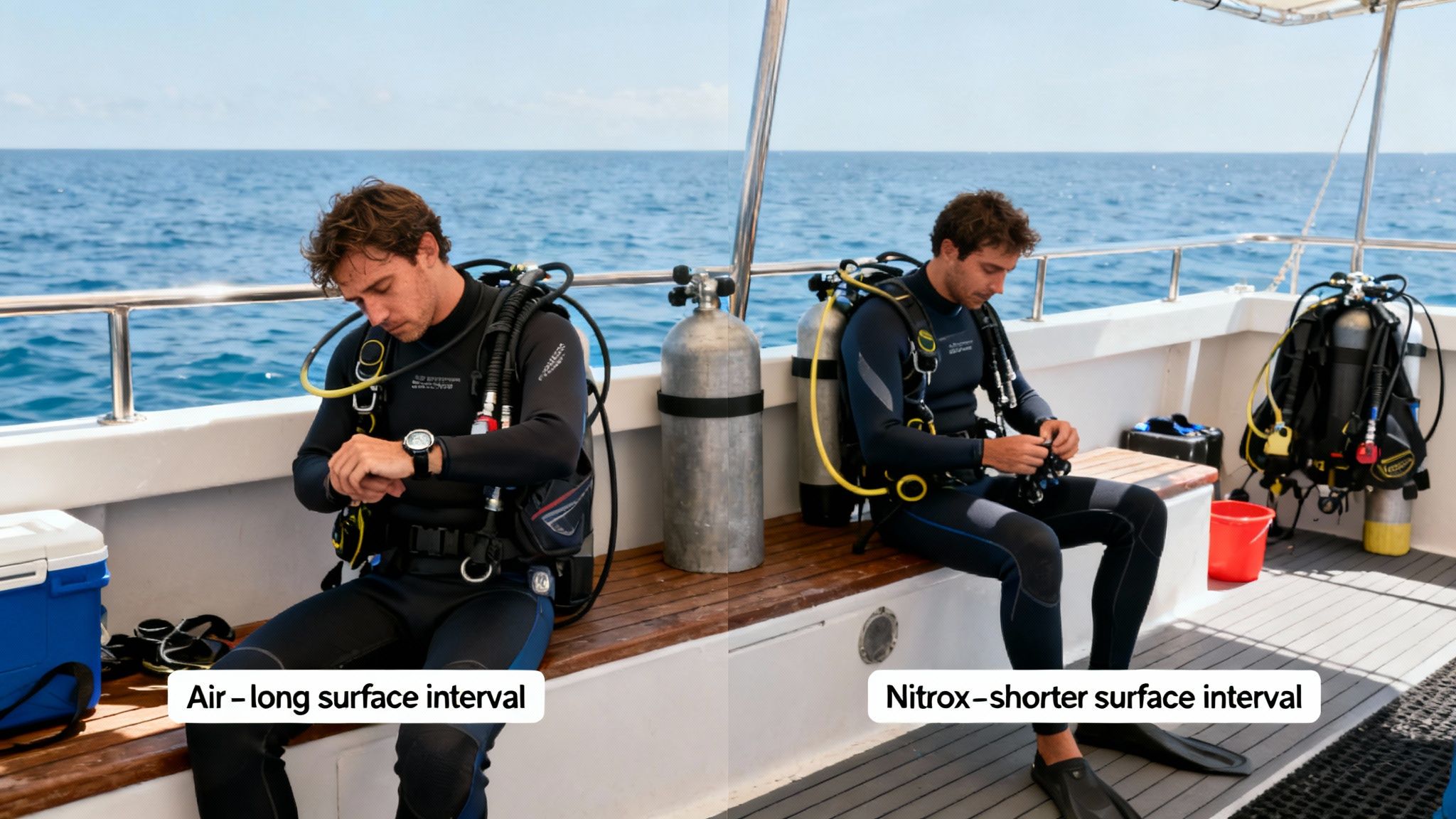 Two divers on a boat, preparing scuba gear for dives using air and Nitrox.