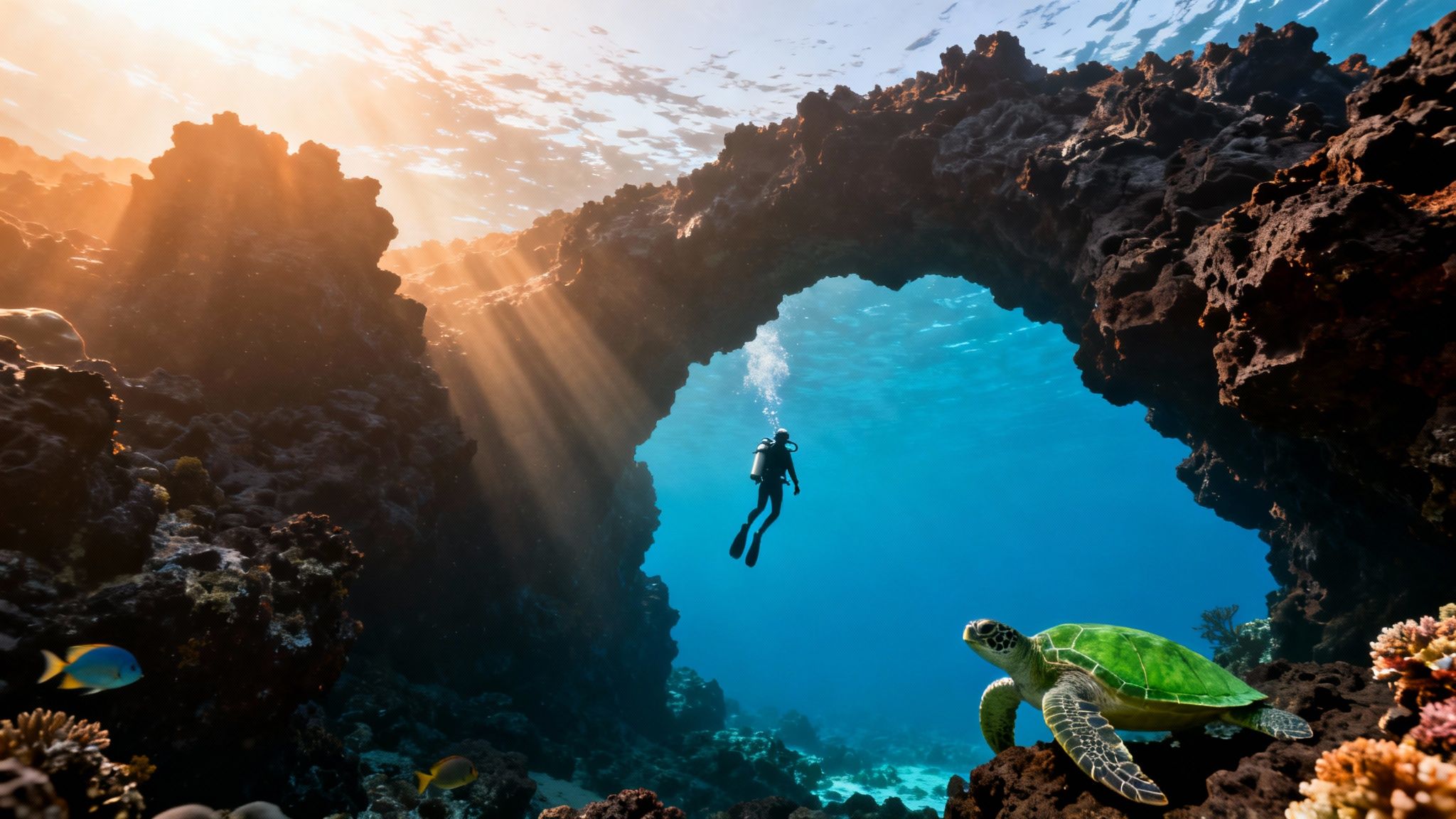 A vibrant underwater scene with a scuba diver, a green sea turtle, and sun rays through an archway.
