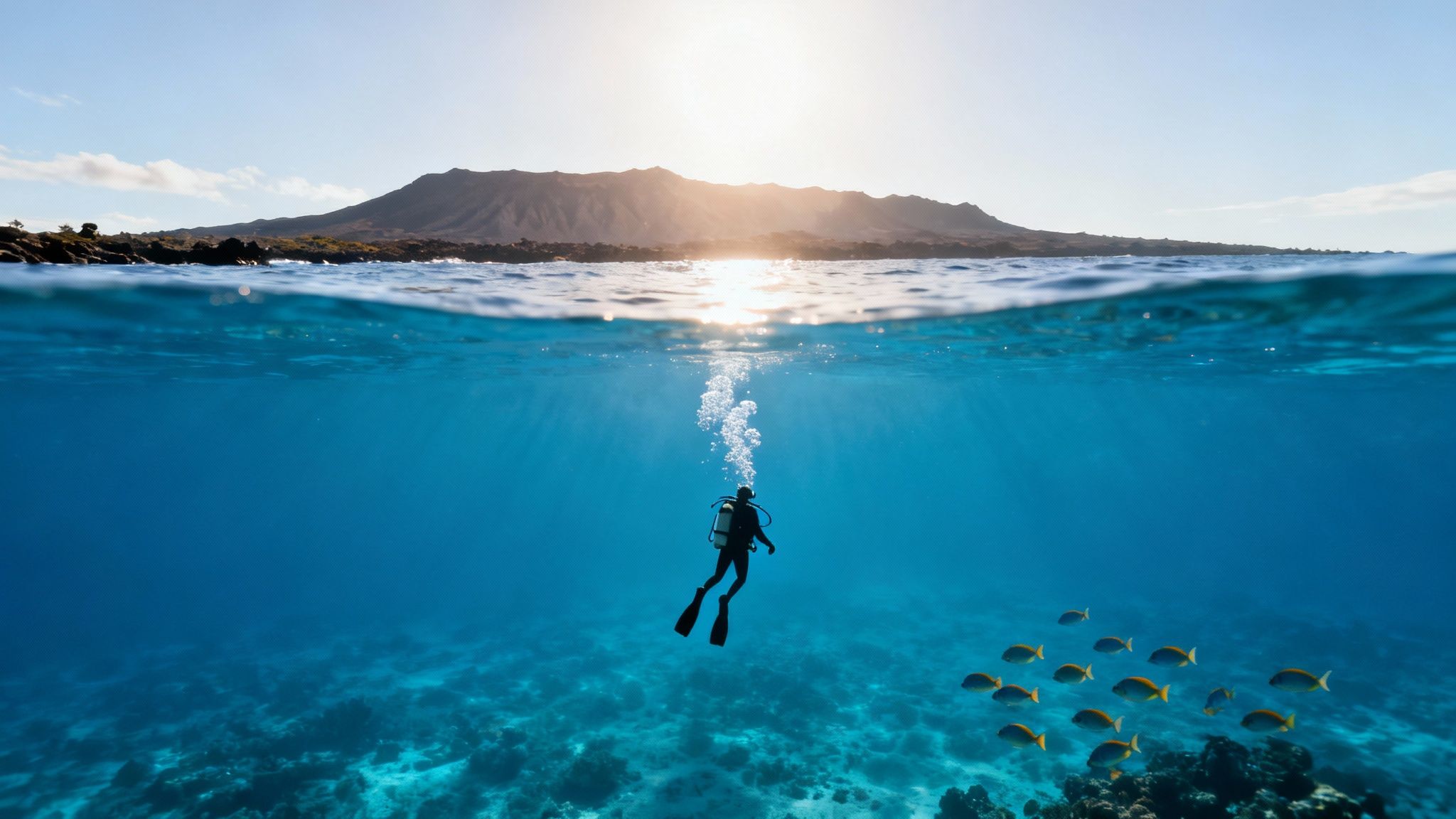 Diver explores vibrant ocean reef with school of fish, mountain coastline, and bright sun above water.