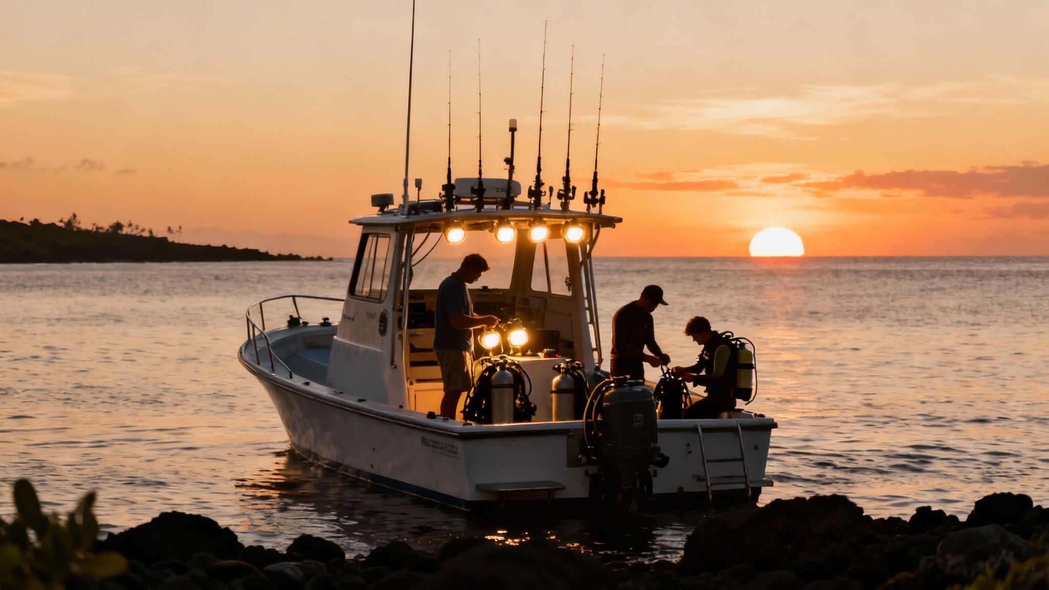 A diver observes a manta ray swimming overhead in the glow of dive lights during a night dive in Kona.