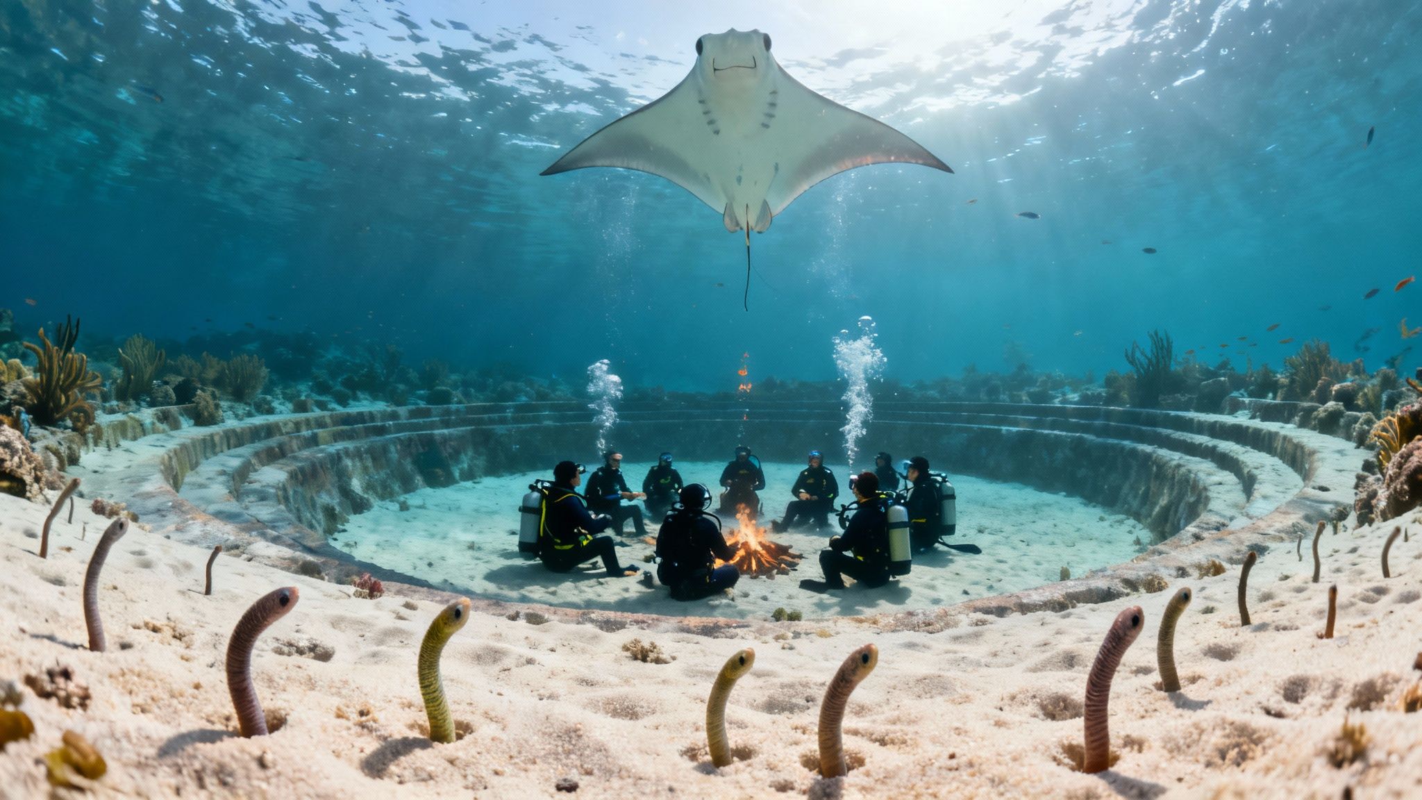 Scuba divers encircle an underwater campfire, watched by a majestic manta ray and garden eels.