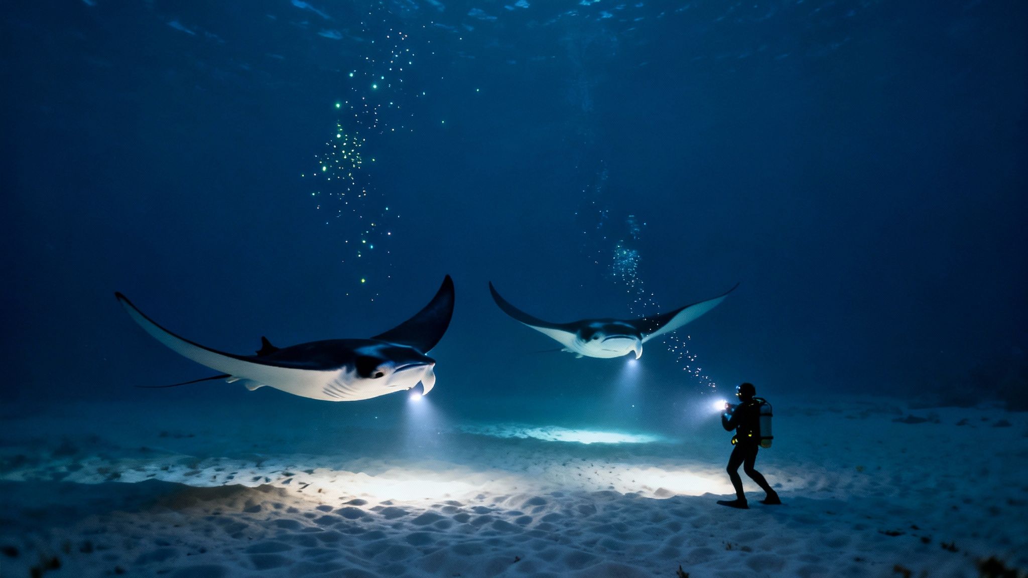 A diver with a flashlight illuminates two majestic manta rays swimming above a sandy ocean floor.