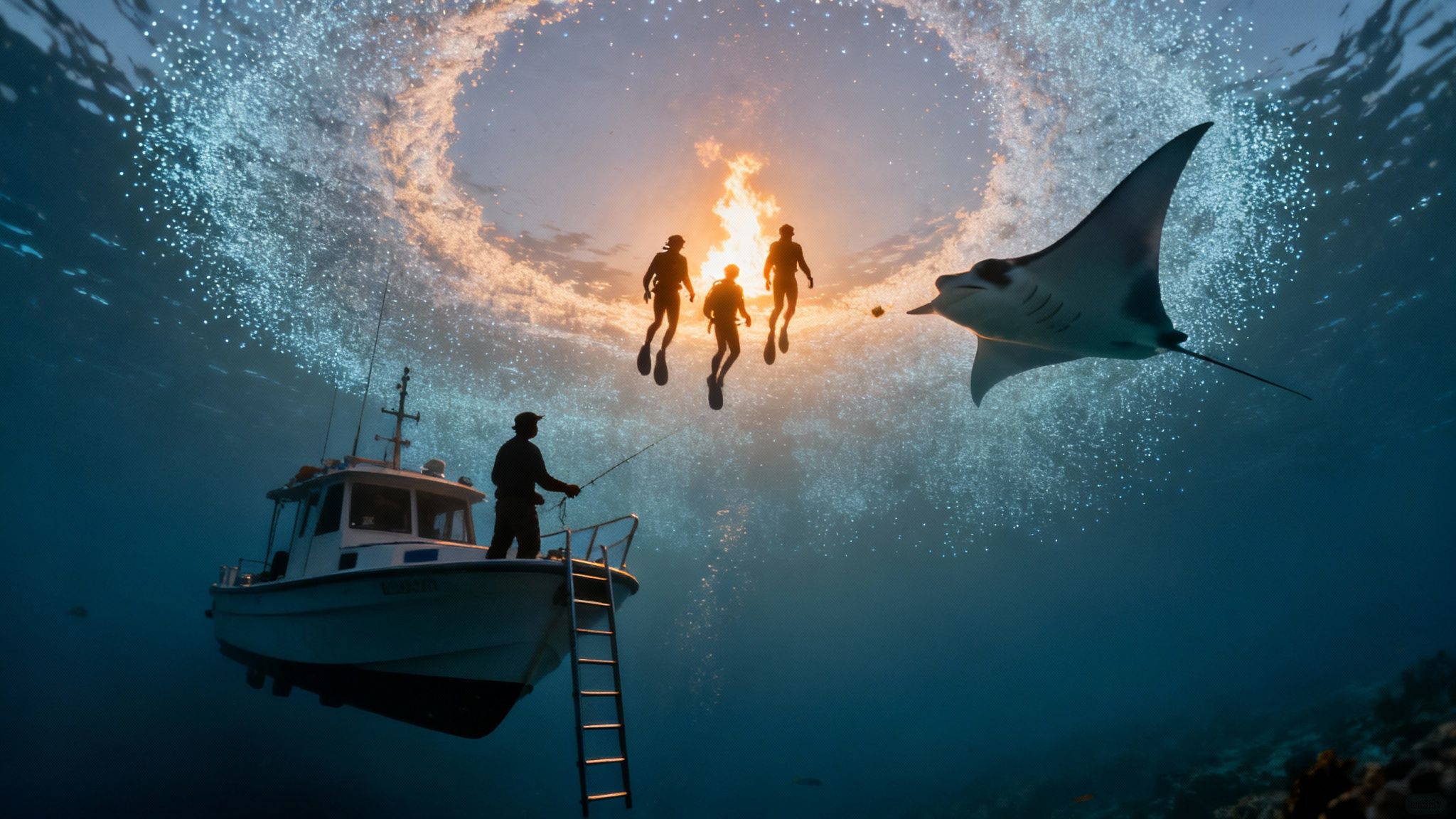 A scuba diver observes a manta ray feeding during a night dive in Kailua Kona.