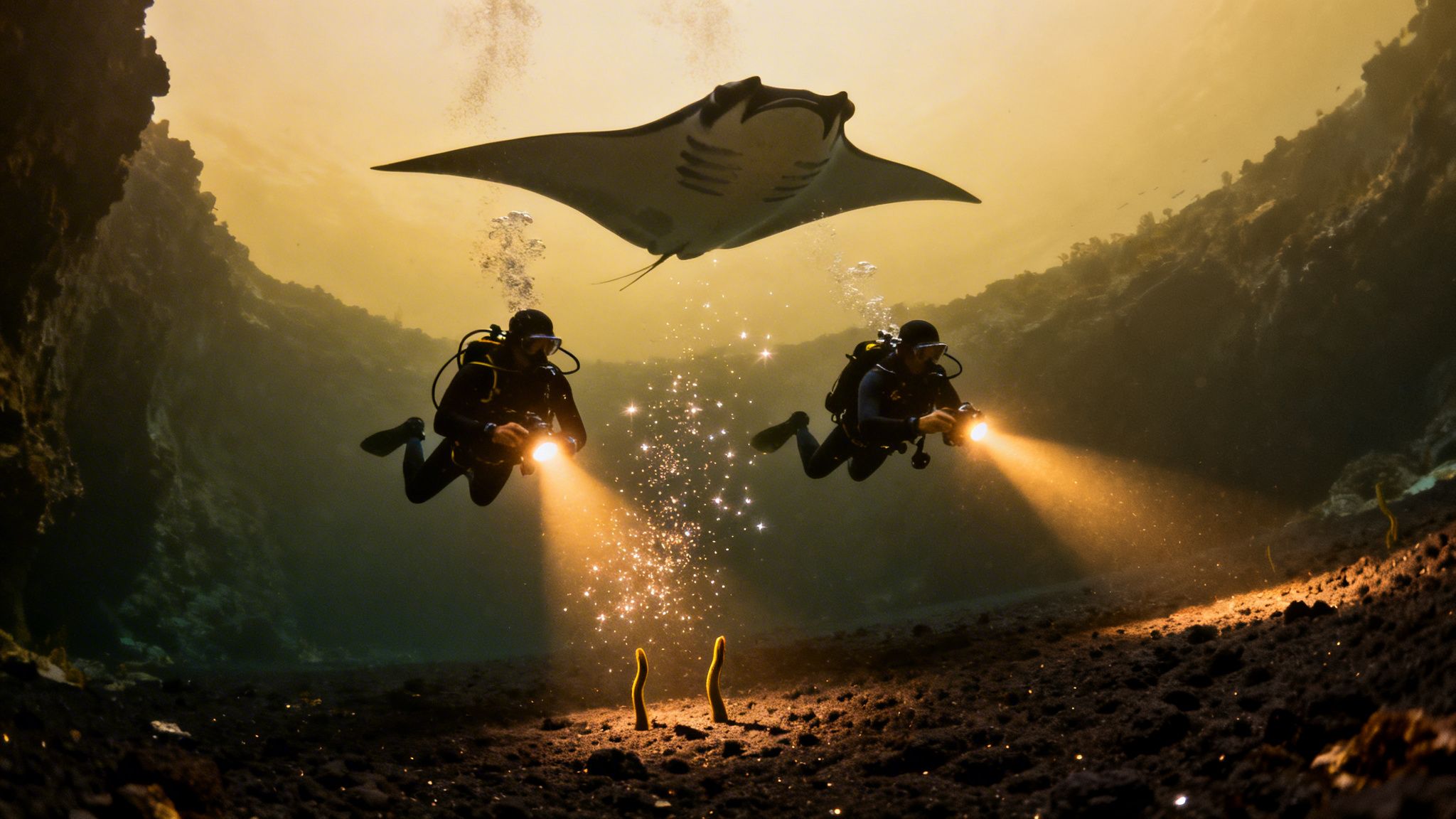 Two divers illuminate a majestic manta ray and garden eels in a vibrant underwater cave.