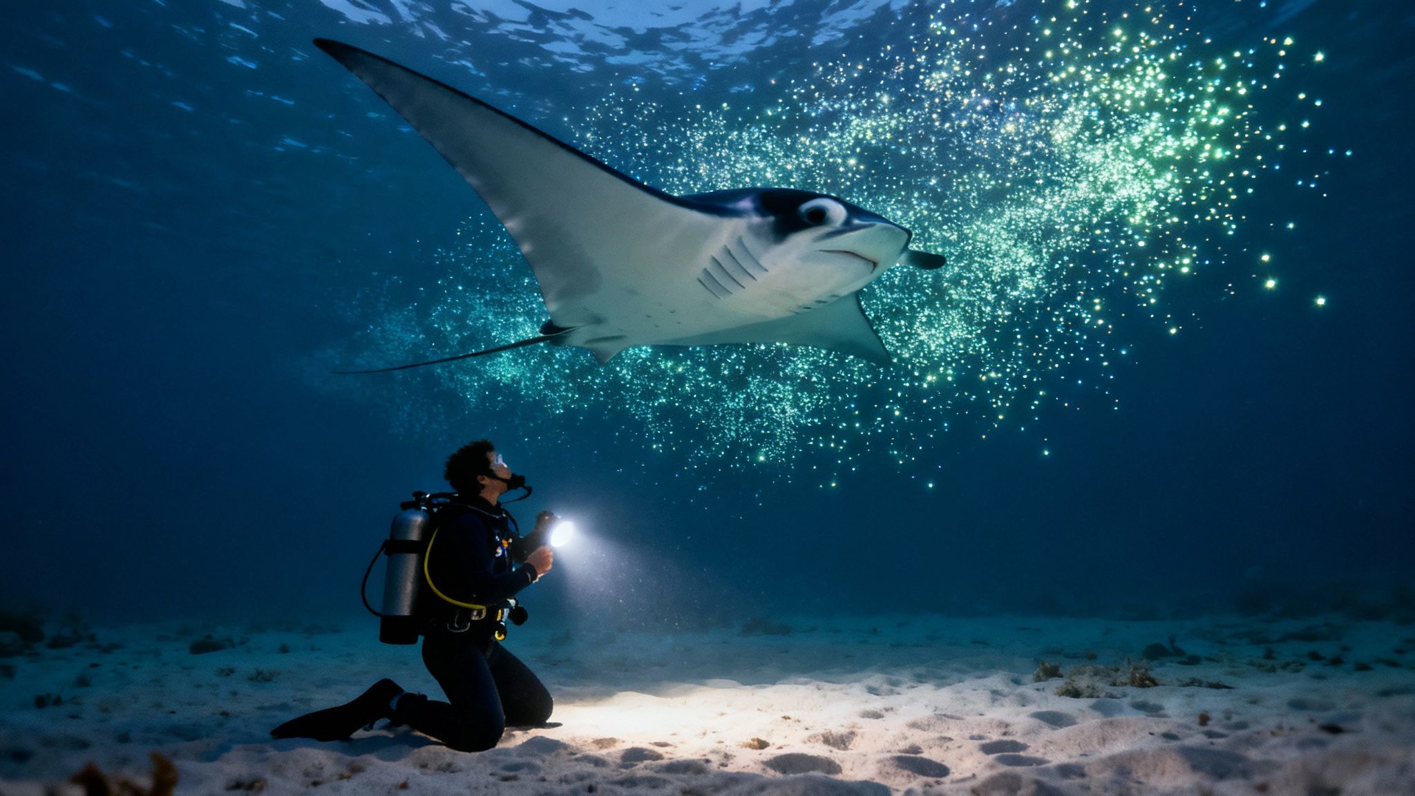 A group of scuba divers on the ocean floor look up as a giant manta ray glides over them, illuminated by dive lights.